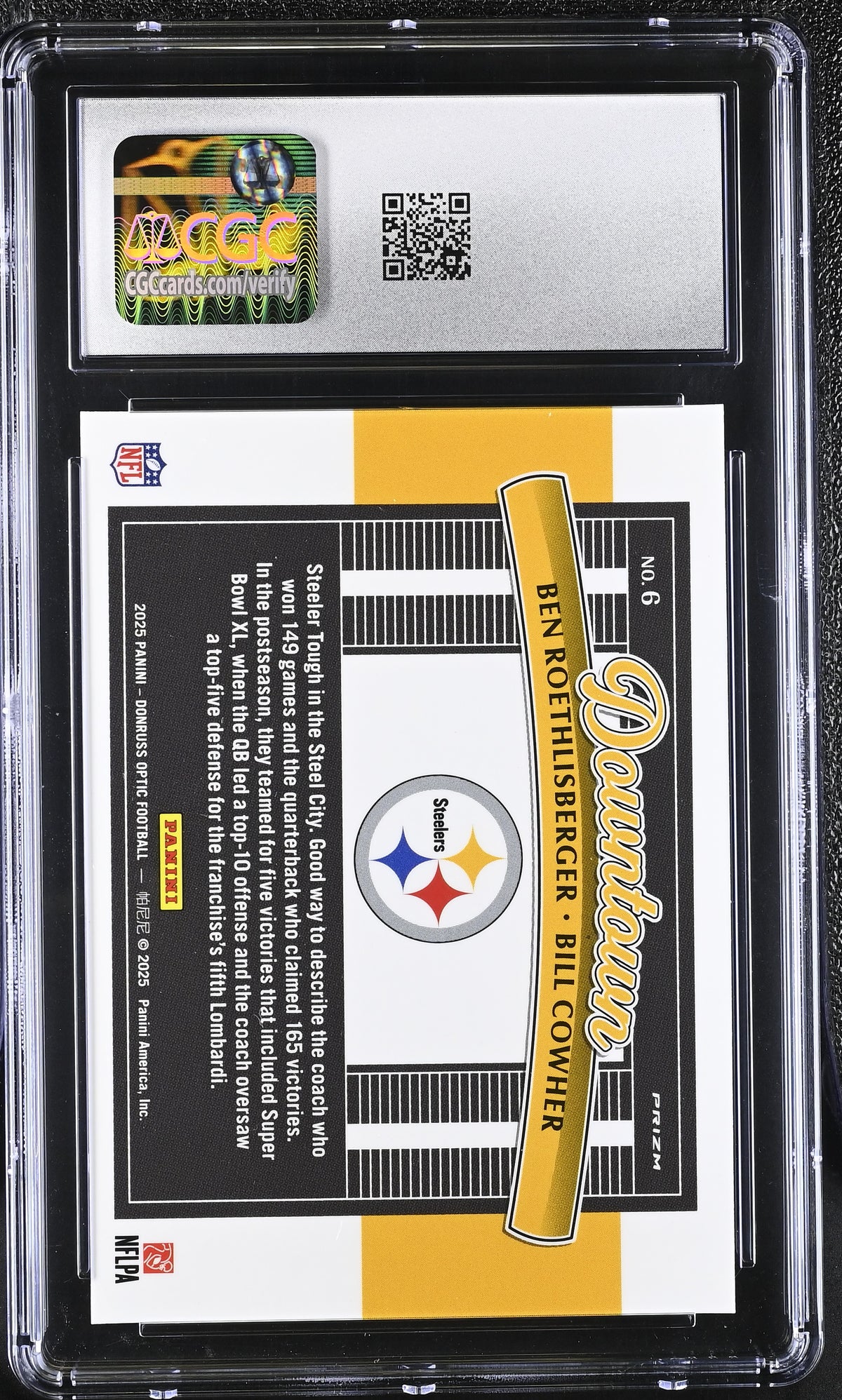 2025 Donruss Optic Ben Roethlisberger Bill Cowher Downtown Duos 6 CGC 9 Steelers