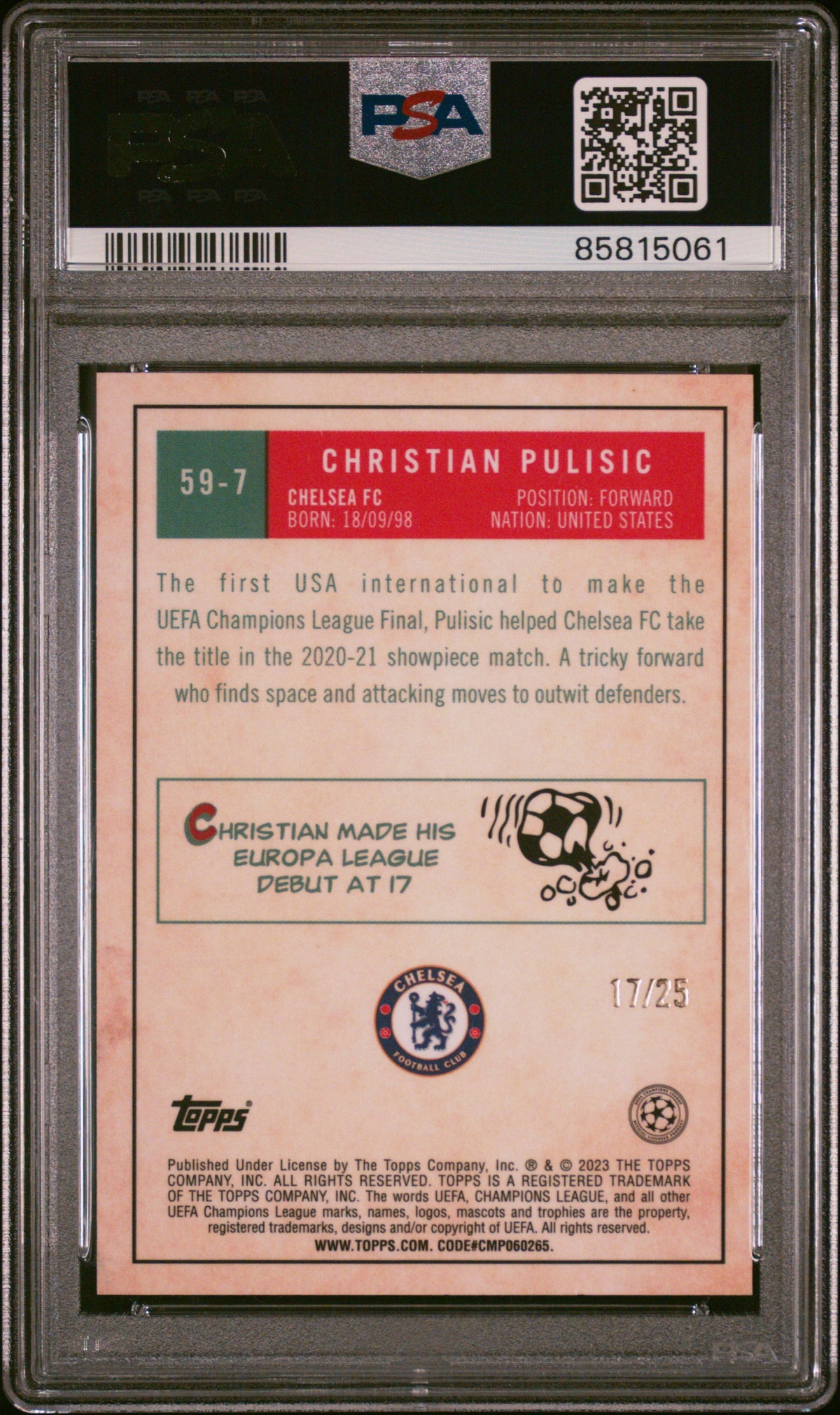 2022 Topps UEFA 1959 Topps Christian Pulisic Orange /25 #59-7 PSA 9 Chelsea