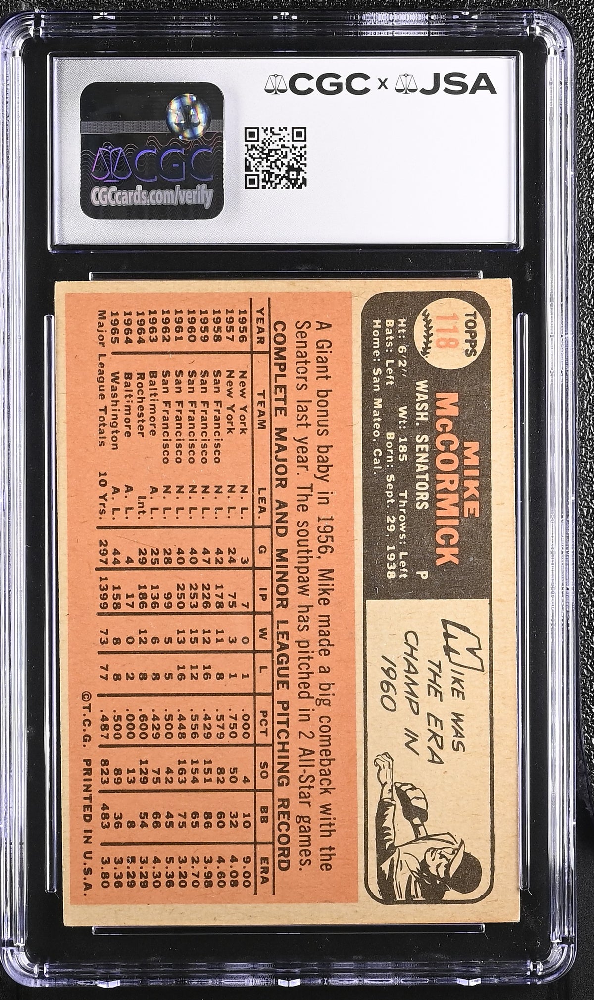 1966 Topps Mike McCormick Auto Autograph #118 CGC Authentic JSA Senators