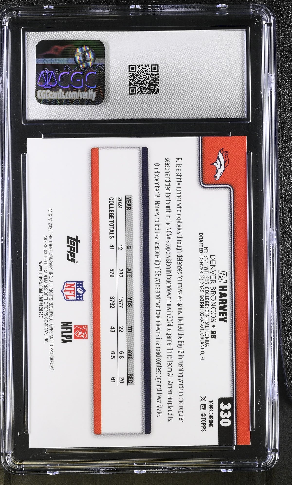 2025 Topps Chrome RJ Harvey RayWave Refractor Rookie #330 CGC 9.5 Denver Broncos