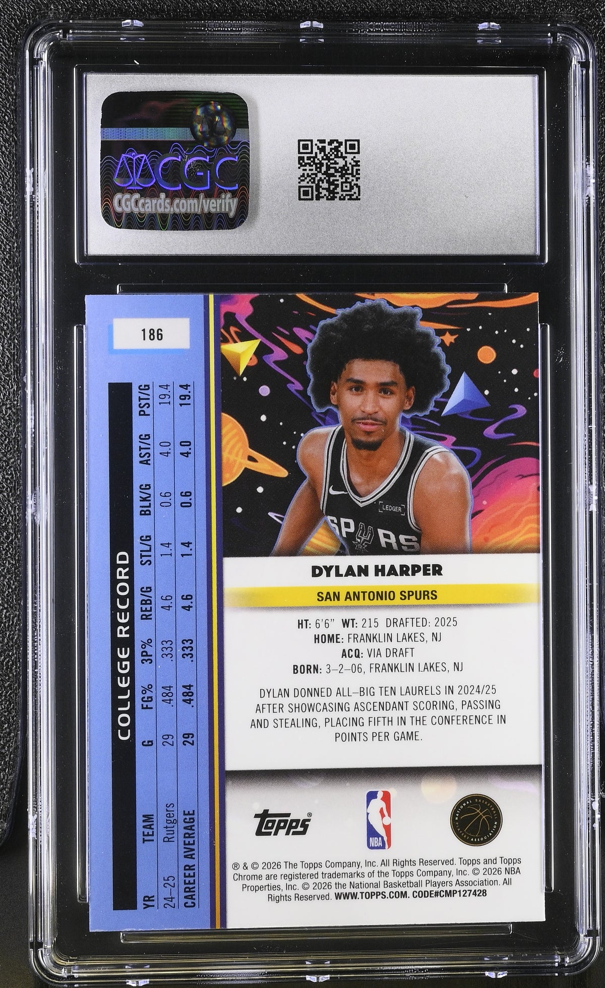 2025-26 Topps Cosmic Chrome Dylan Harper Rookie #186 CGC 9.5 San Antonio Spurs