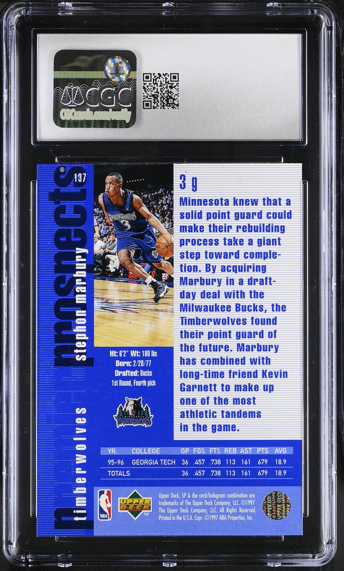 1996-97 SP Stephon Marbury Rookie #137 CGC 10 Minnesota Timberwolves