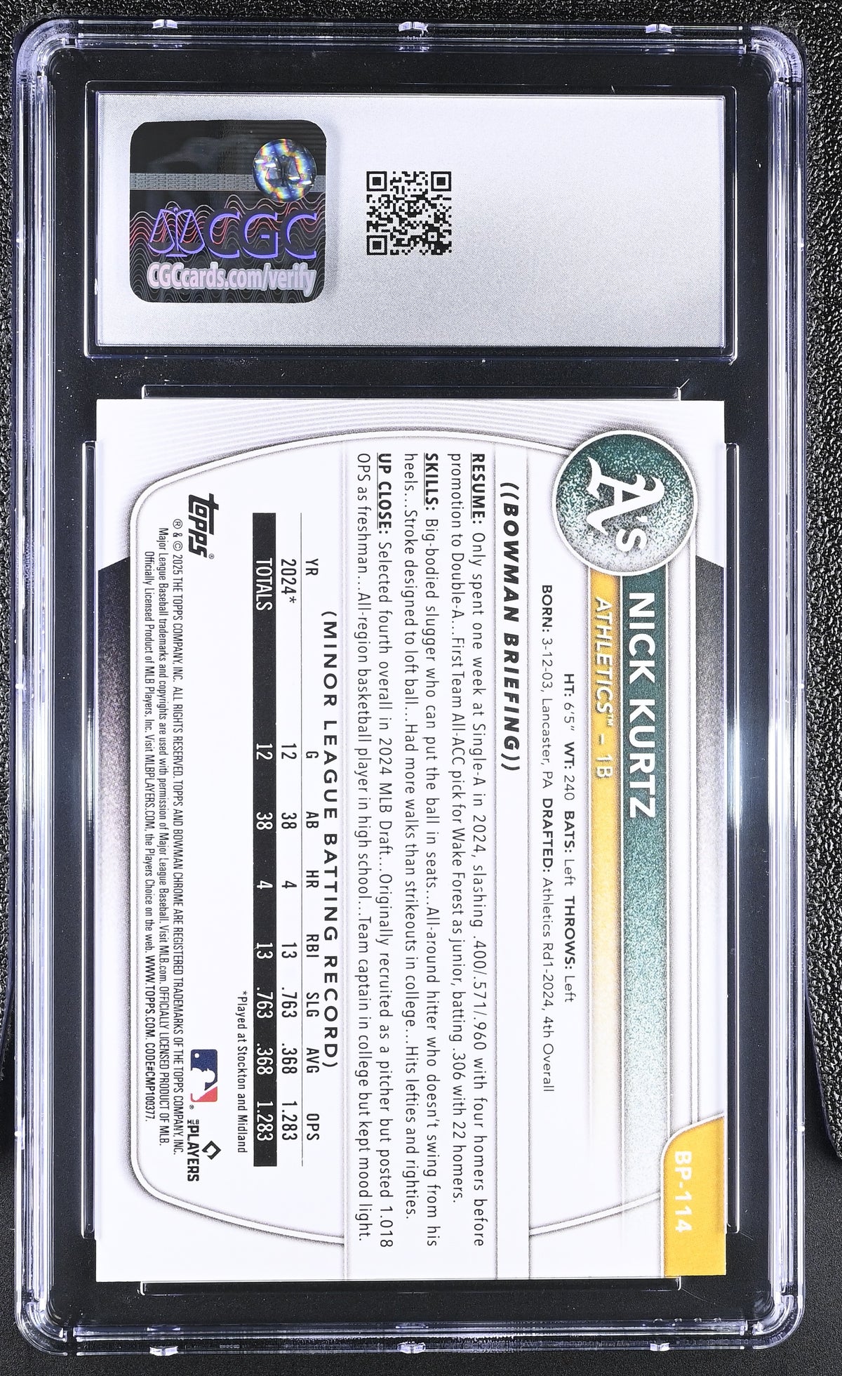 2025 Bowman Nick Kurtz Prospects #BP-114 CGC 10