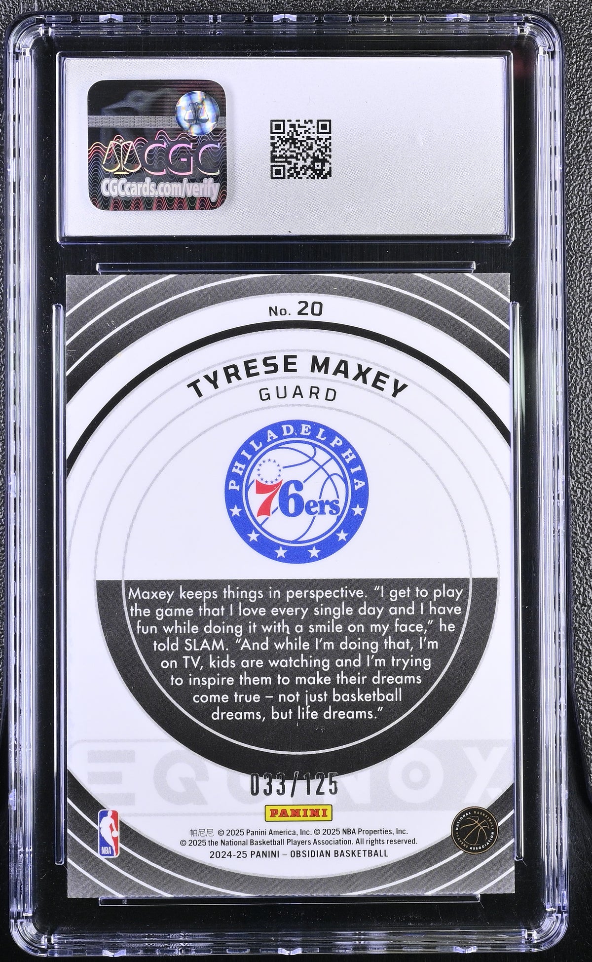 2024-25 Panini Obsidian Tyrese Maxey /125 Equinox #20 CGC 10 Philadelphia 76ers