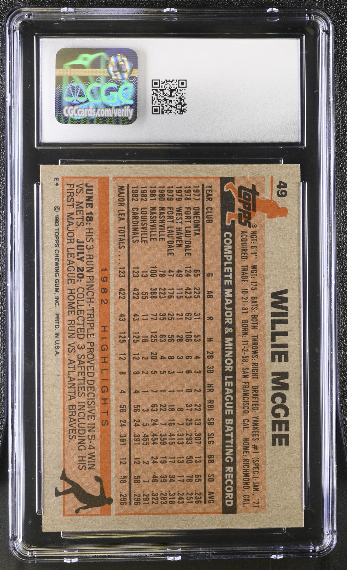 1983 Topps Willie McGee #49 CGC 9 St. Louis Cardinals