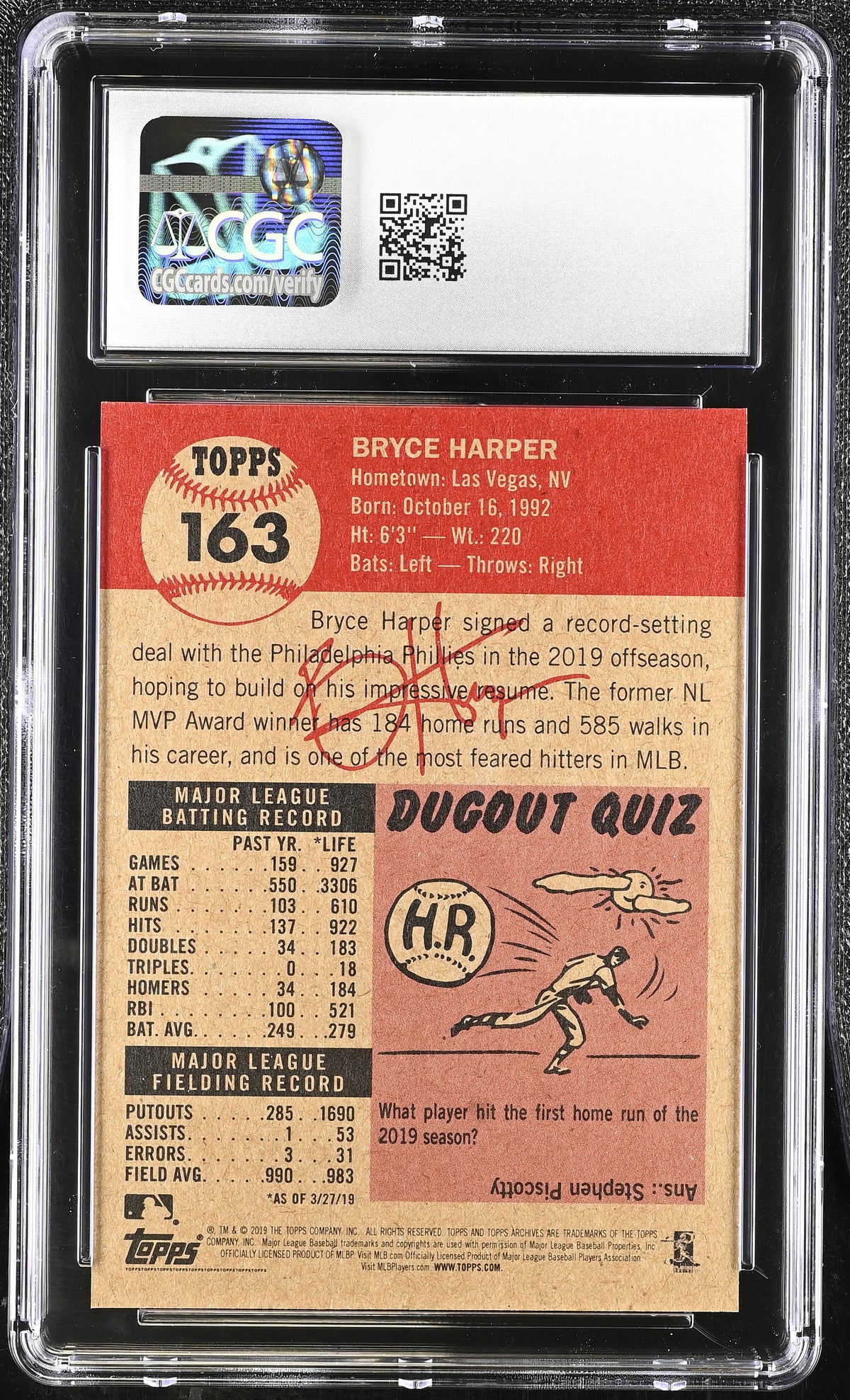 2019 Topps Living Set Bryce Harper #163 CGC 10 Philadelphia Phillies