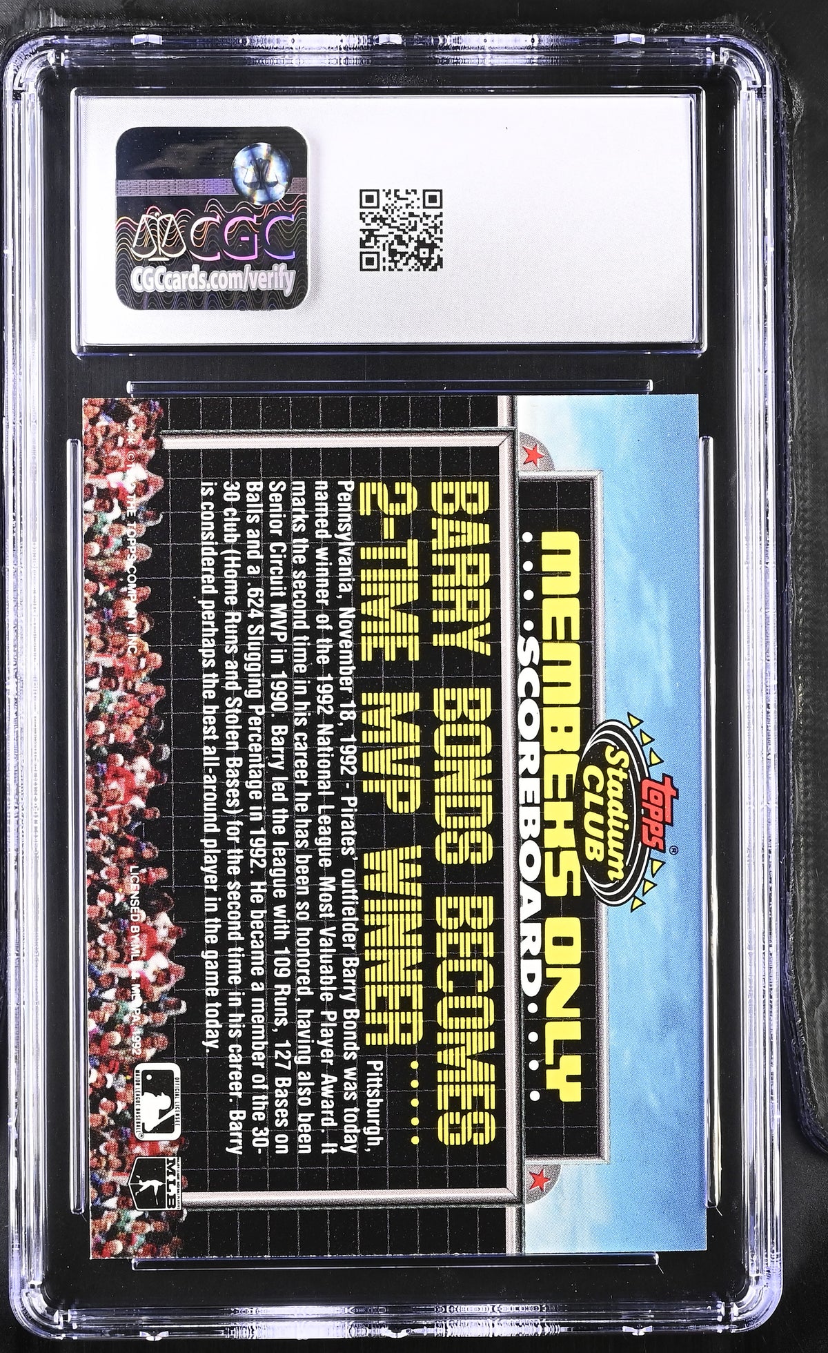 1992 Stadium Club Members Only Barry Bonds Scoreboard CGC 9 Pittsburgh Pirates
