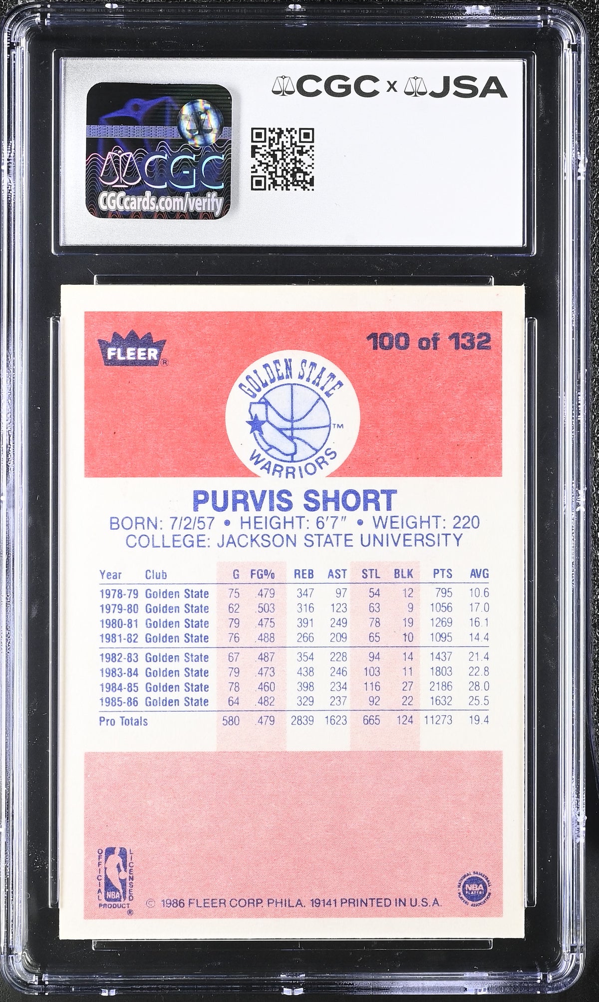 1986-87 Fleer Purvis Short #100 CGC Authentic JSA Golden State Warriors