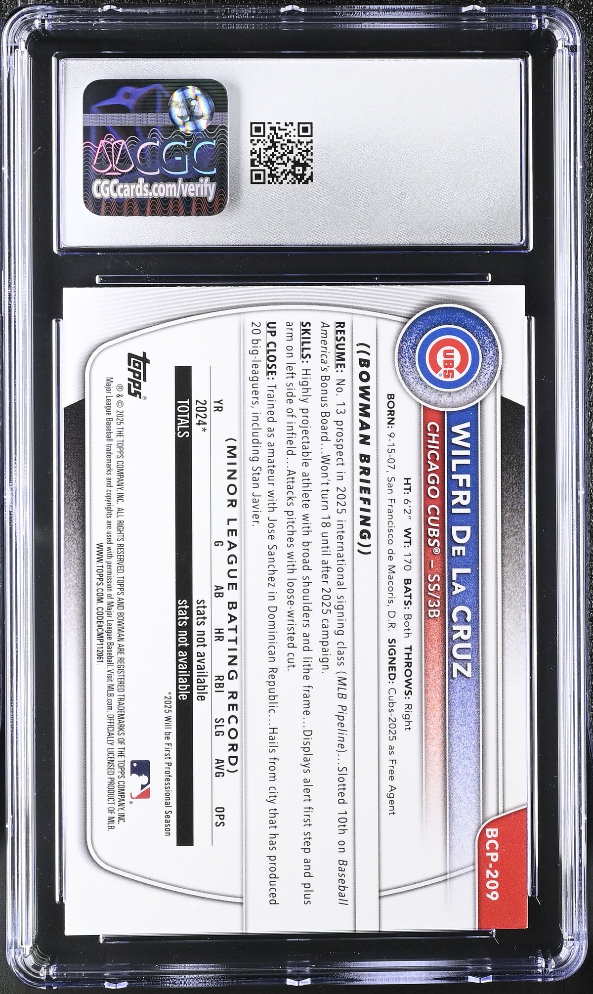 2025 Bowman Chrome Wilfri De La Cruz Geometric /499 Rookie #BCP-209 CGC 10 Cubs