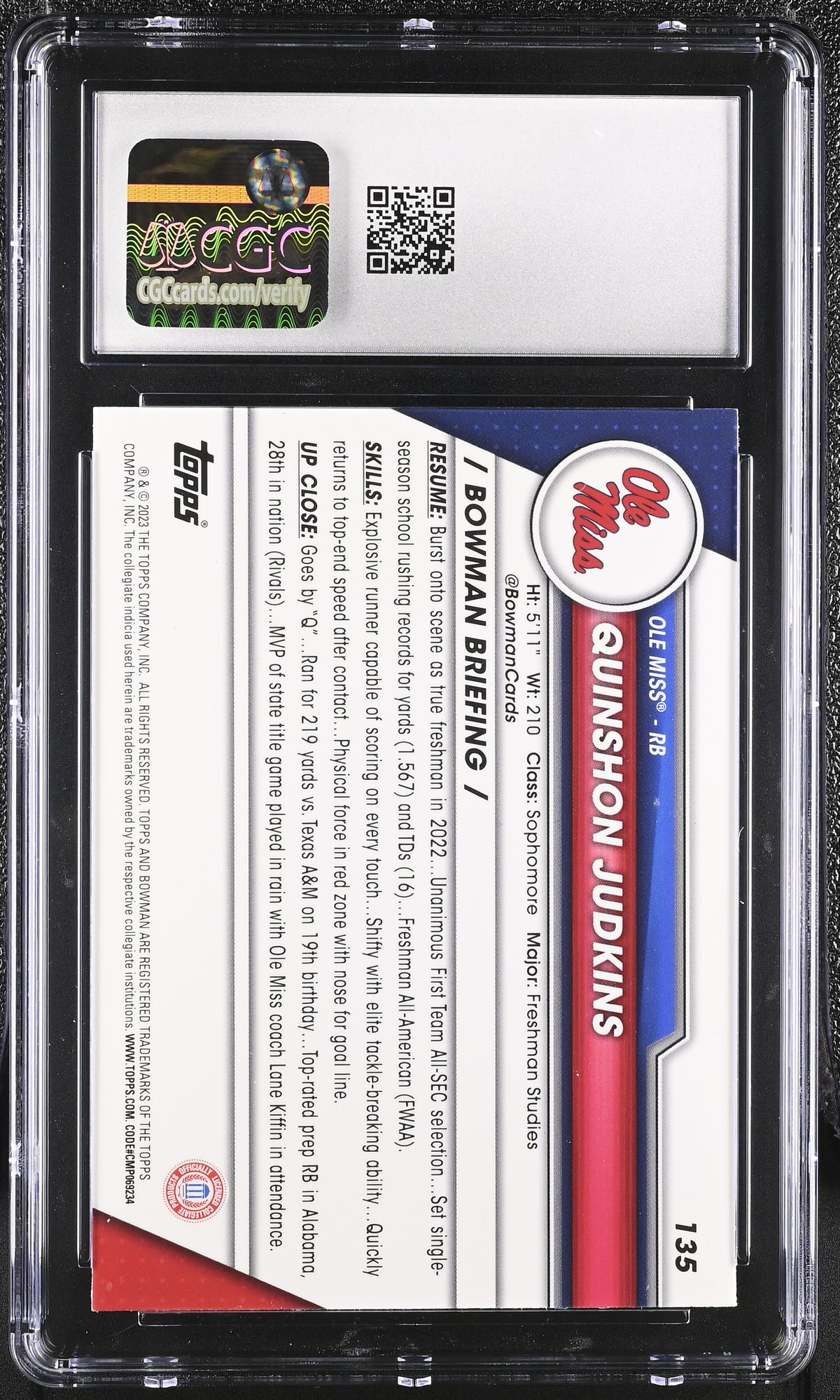 2023 Bowman University Sapphire Quinshon Judkins Rookie #135 CGC 10 Ole Miss