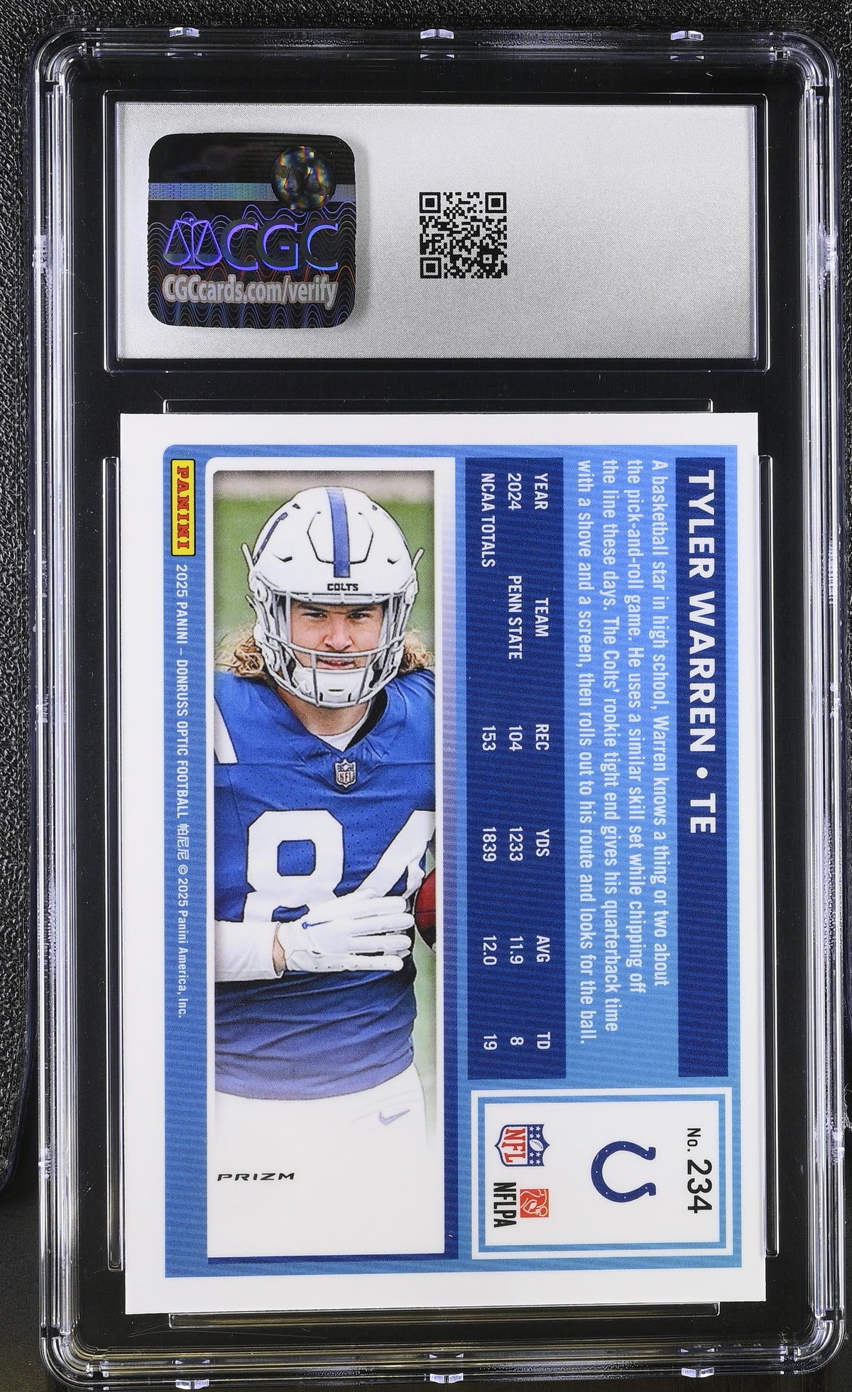 2025 Donruss Optic Tyler Warren Purple Shock Rookie #234 CGC 9.5 Colts