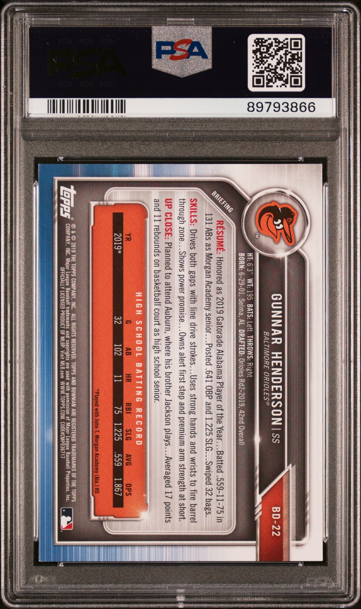 2019 Bowman Draft Gunnar Henderson Rookie #BD22 PSA 8 Baltimore Orioles