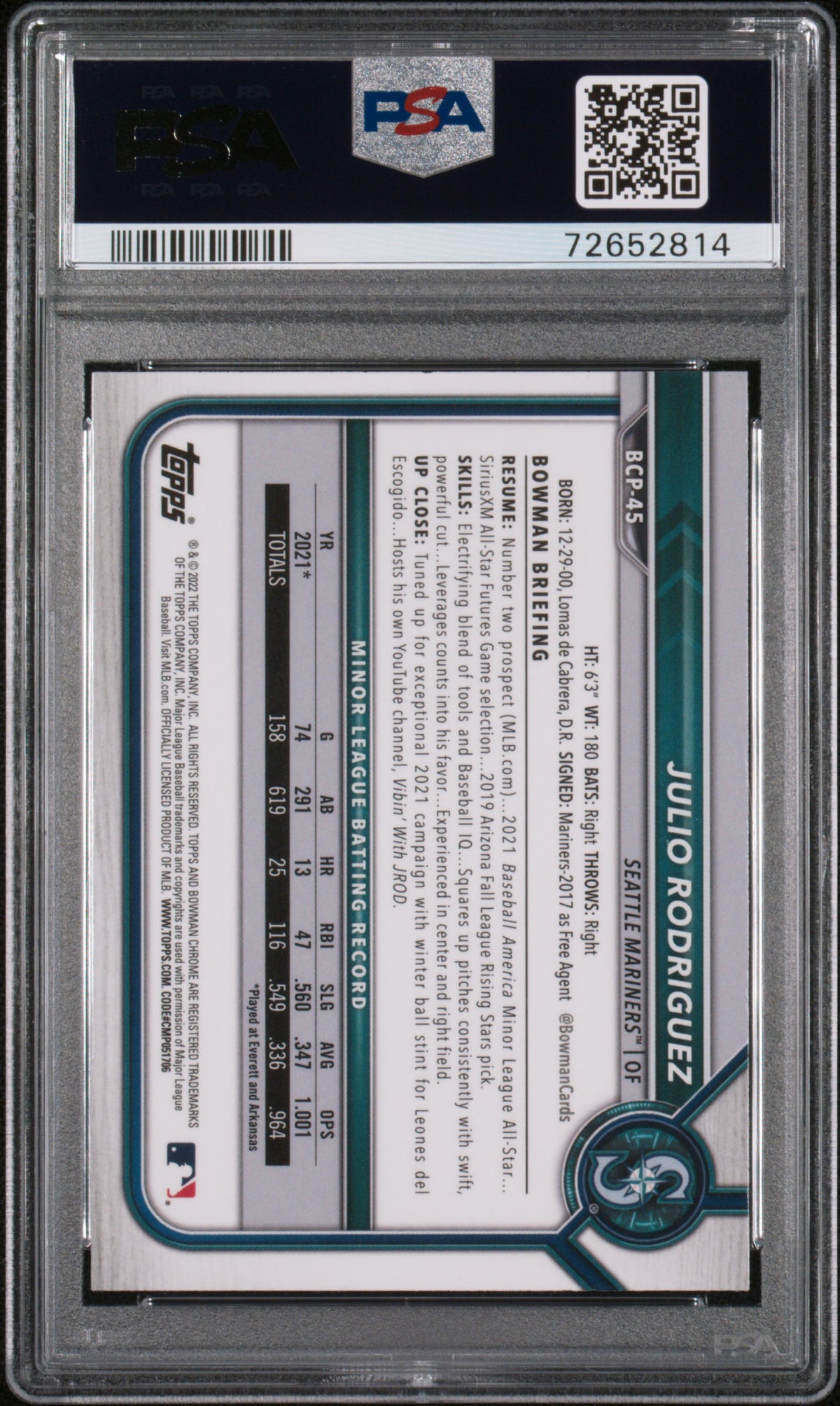 2022 Bowman Chrome Prospects Julio Rodriguez Rookie #BCP45 PSA 10 Mariners