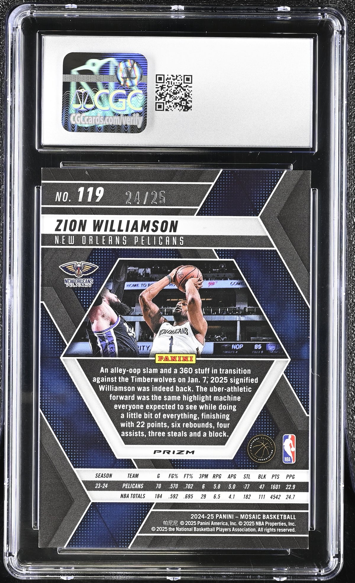2024-25 Panini Mosaic Zion Williamson White /25 #119 CGC 10 New Orleans Pelicans