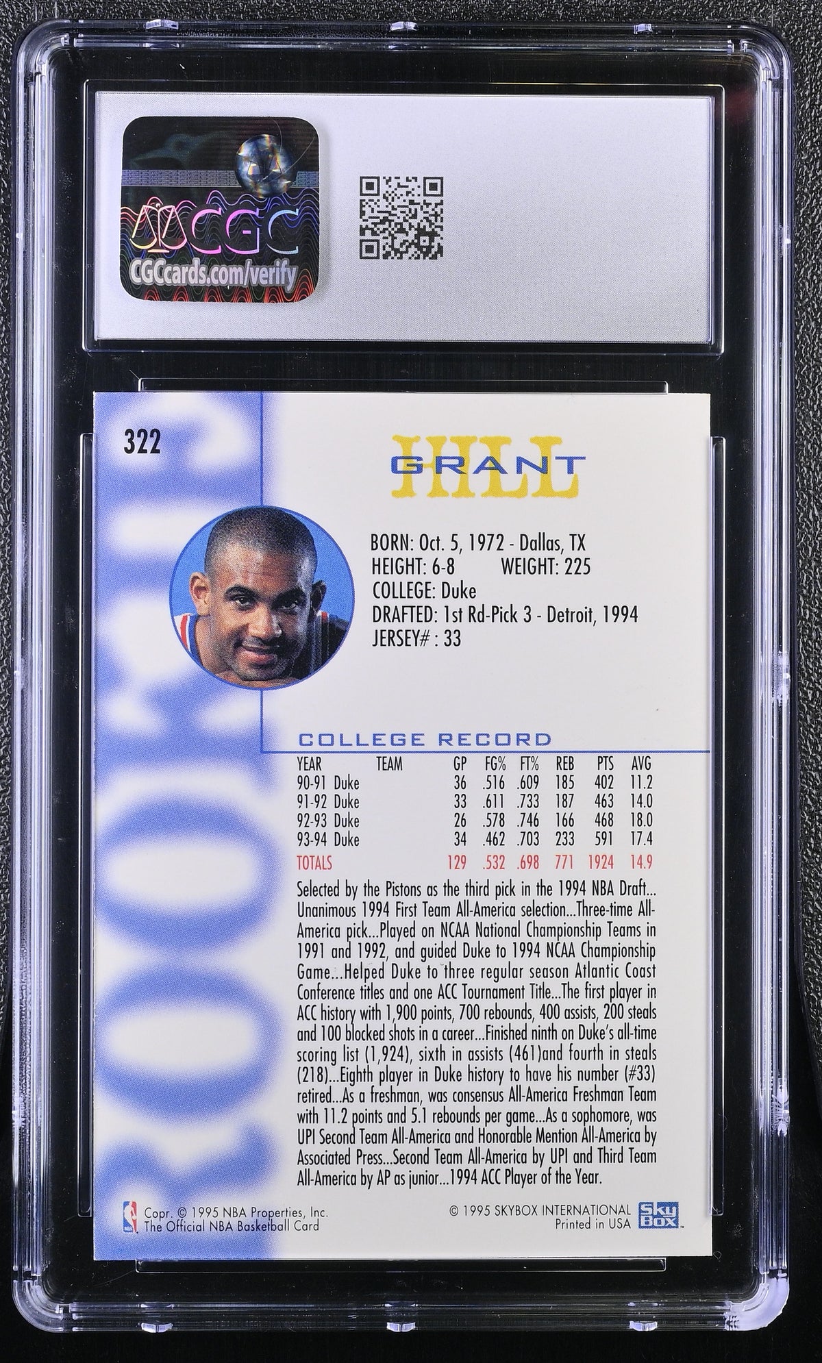 1994-95 Hoops Grant Hill Rookie #322 CGC 9.5 Detroit Pistons