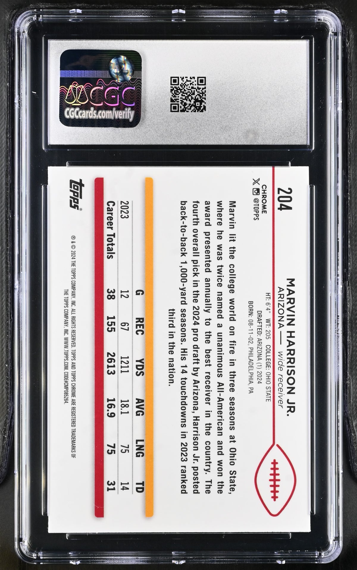 2024 Topps Chrome Marvin Harrison Jr. Green /99 Rookie #204 CGC 9.5 Cardinals