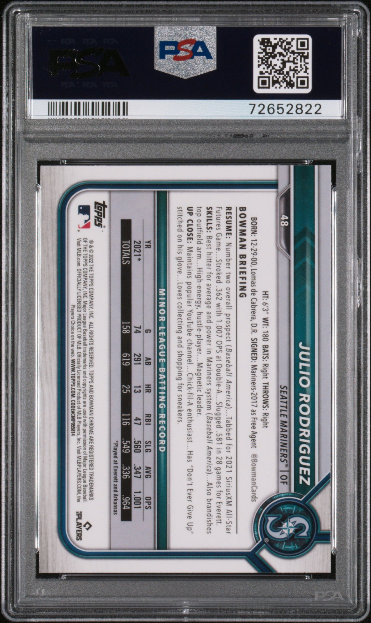 2022 Bowman Chrome Julio Rodriguez Rookie #48 PSA 9 Seattle Mariners