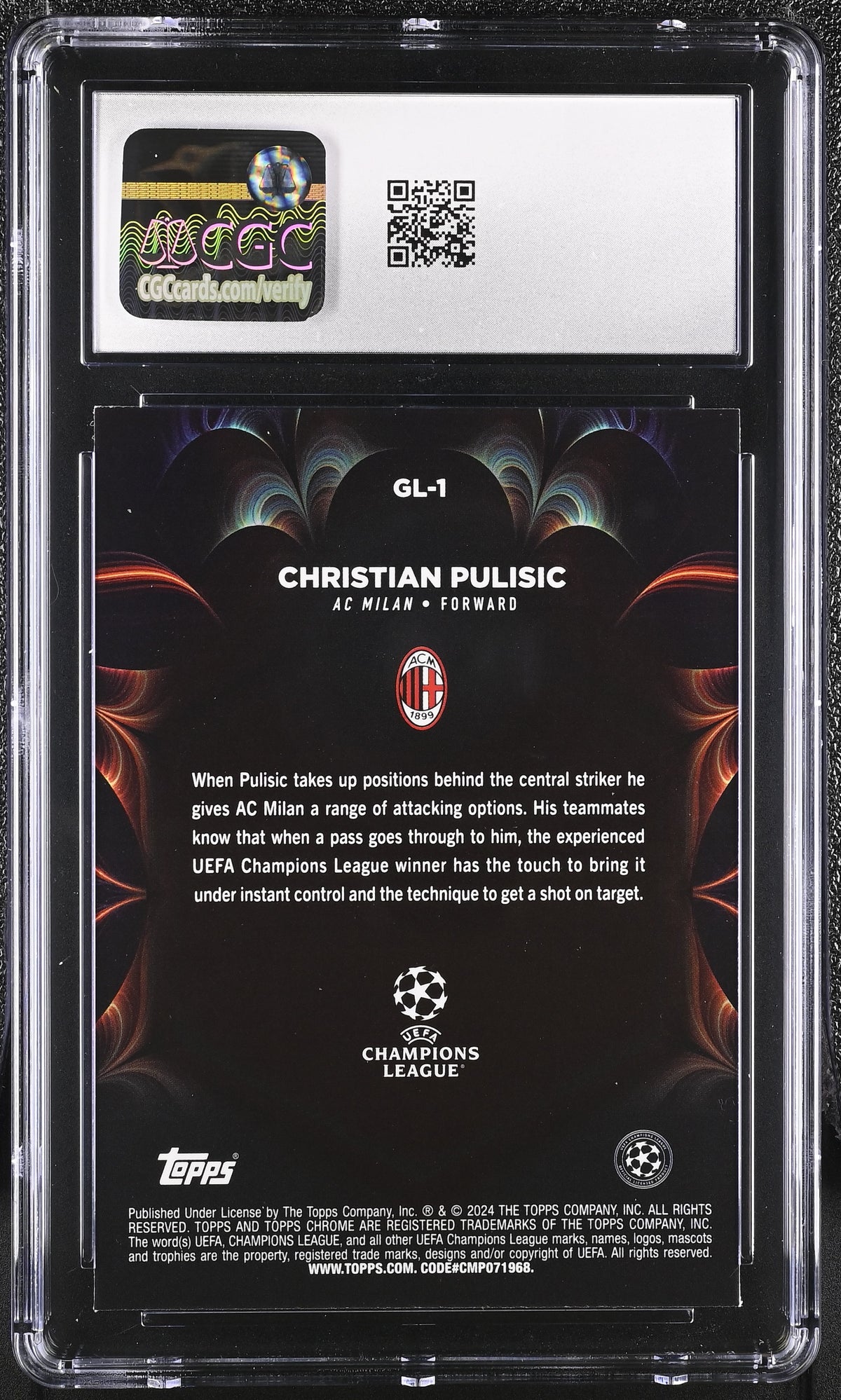 2023-24 Topps Chrome UEFA CC Christian Pulisic Golazo #GL-1 CGC 10 AC Milan