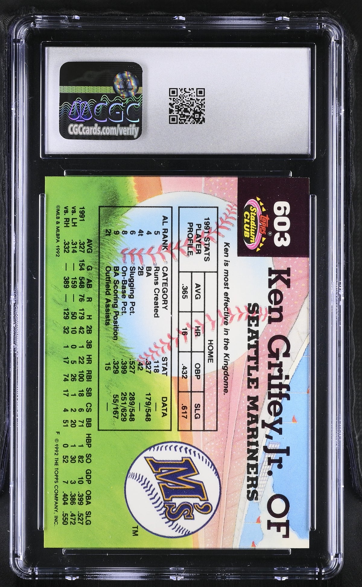 1992 Stadium Club Ken Griffey Jr. #603 CGC 9 Seattle Mariners