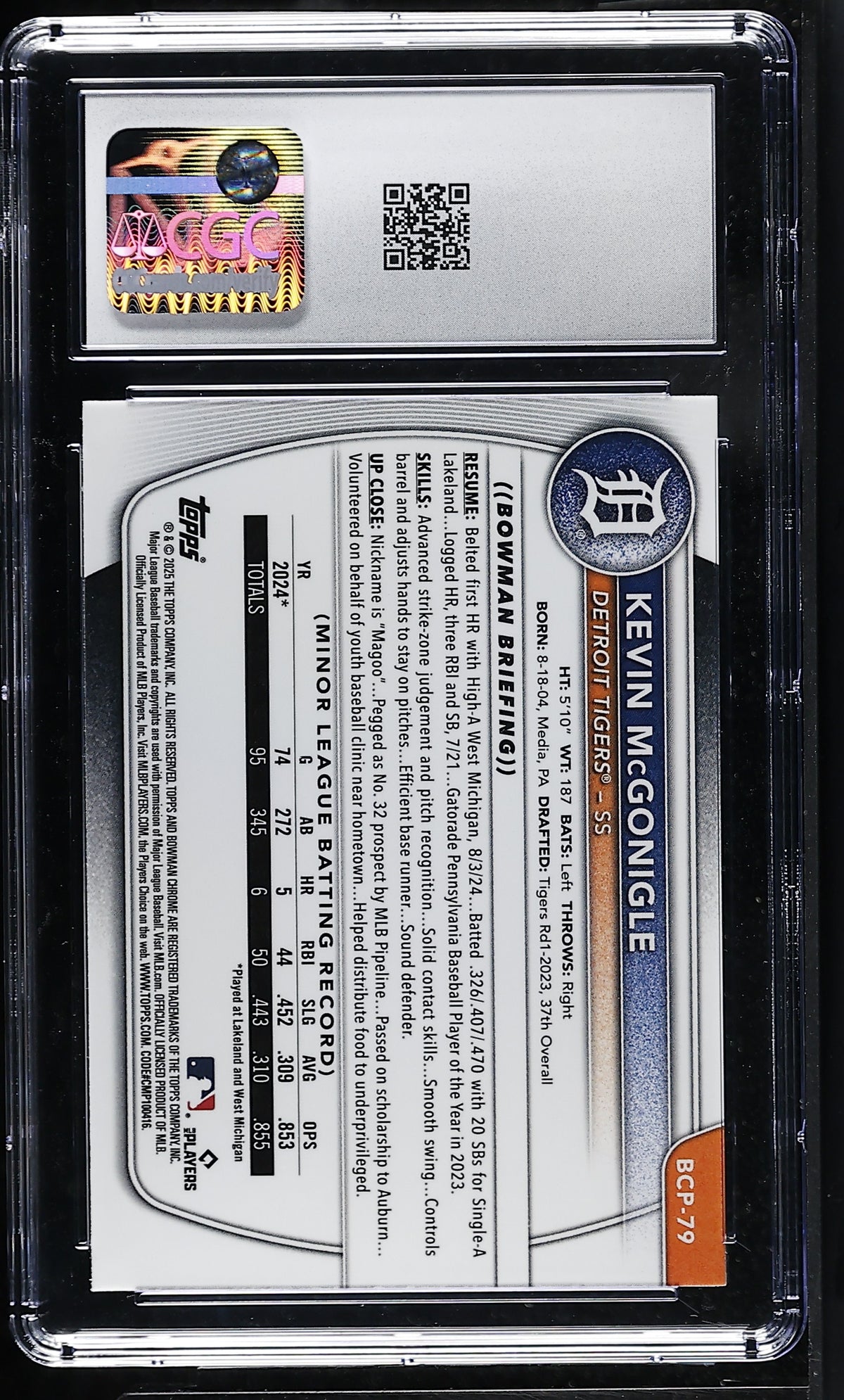 2025 Bowman Kevin McGonigle Rookie Chrome Prospects #BCP-79 CGC 9 Detroit Tigers