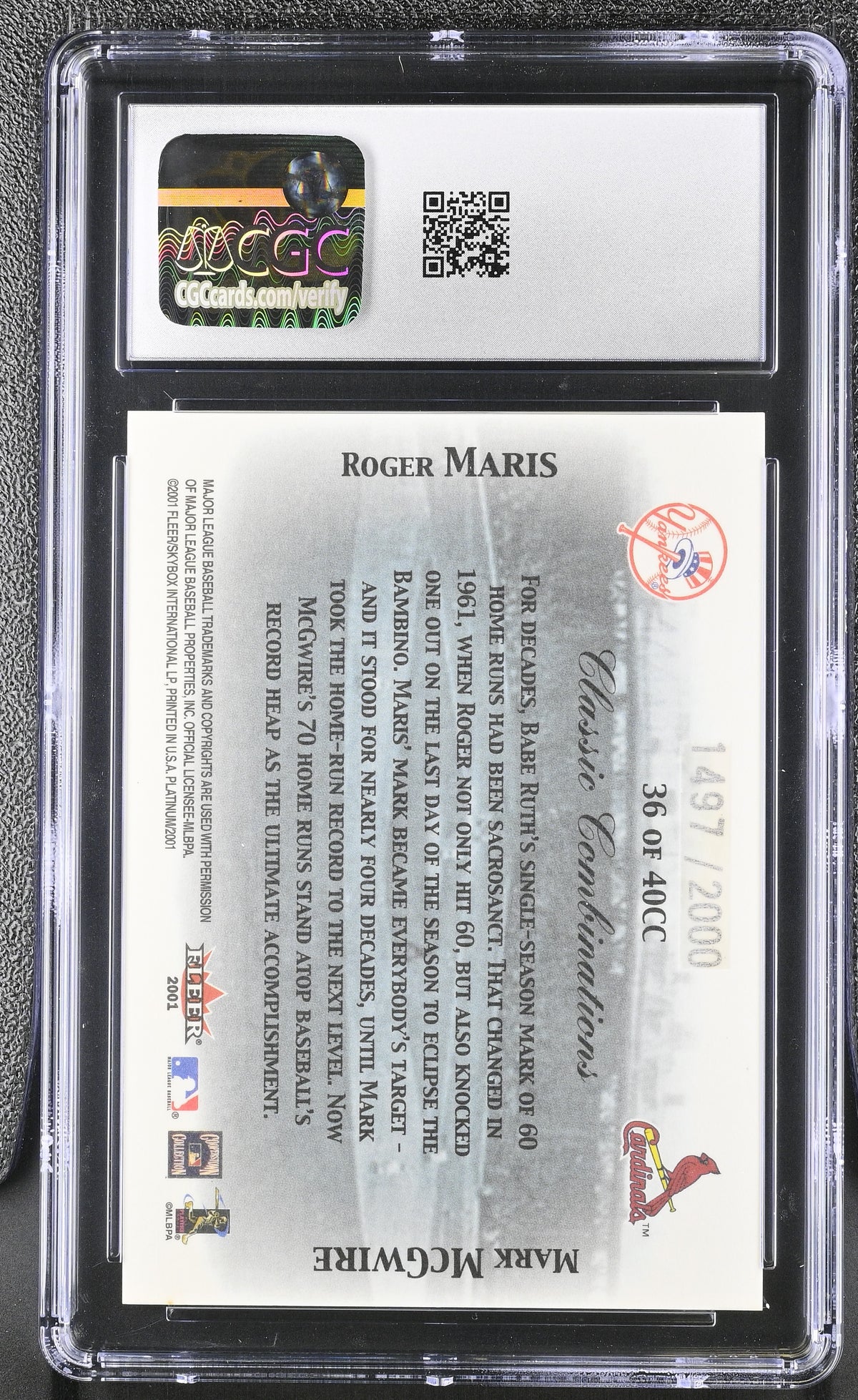 2001 Fleer Platinum Roger Maris/Mark McGwire /2000 Classic Combinations CGC 10