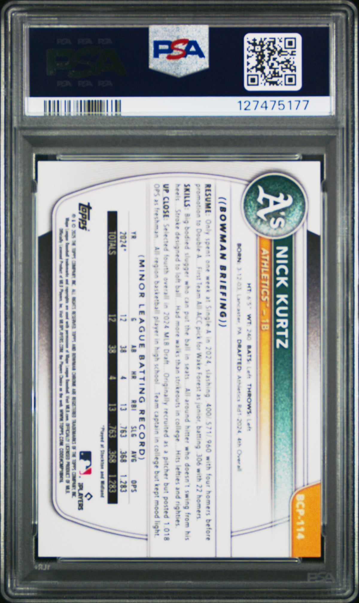 2025 Bowman Chrome Prospects Nick Kurtz Green Geometric /99 Rookie PSA 9