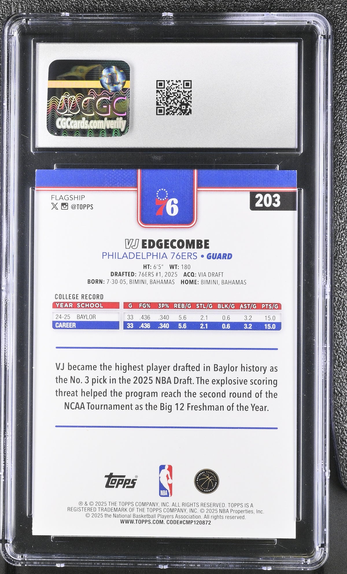 2025-26 Topps VJ Edgecombe Rookie #203 CGC 9.5 Philadelphia 76ers