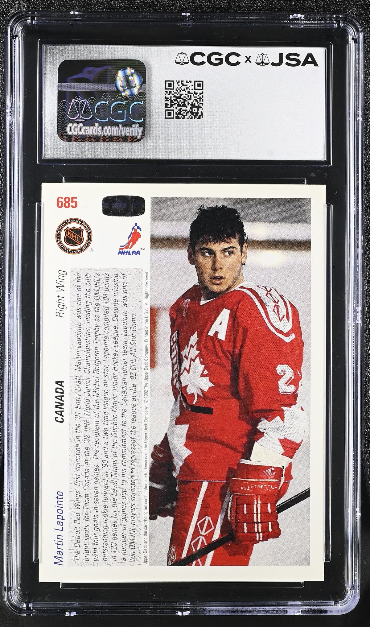 1991-92 Upper Deck Martin Lapointe Auto Rookie #685 CGC Authentic JSA