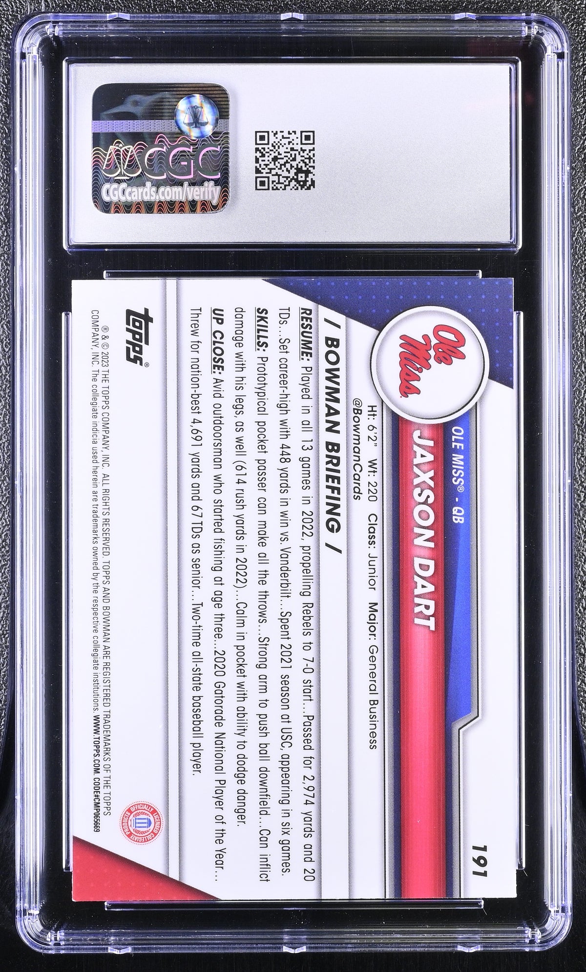 2023 Bowman University Chrome Jaxson Dart #191 CGC 9.5 Ole Miss Rebels