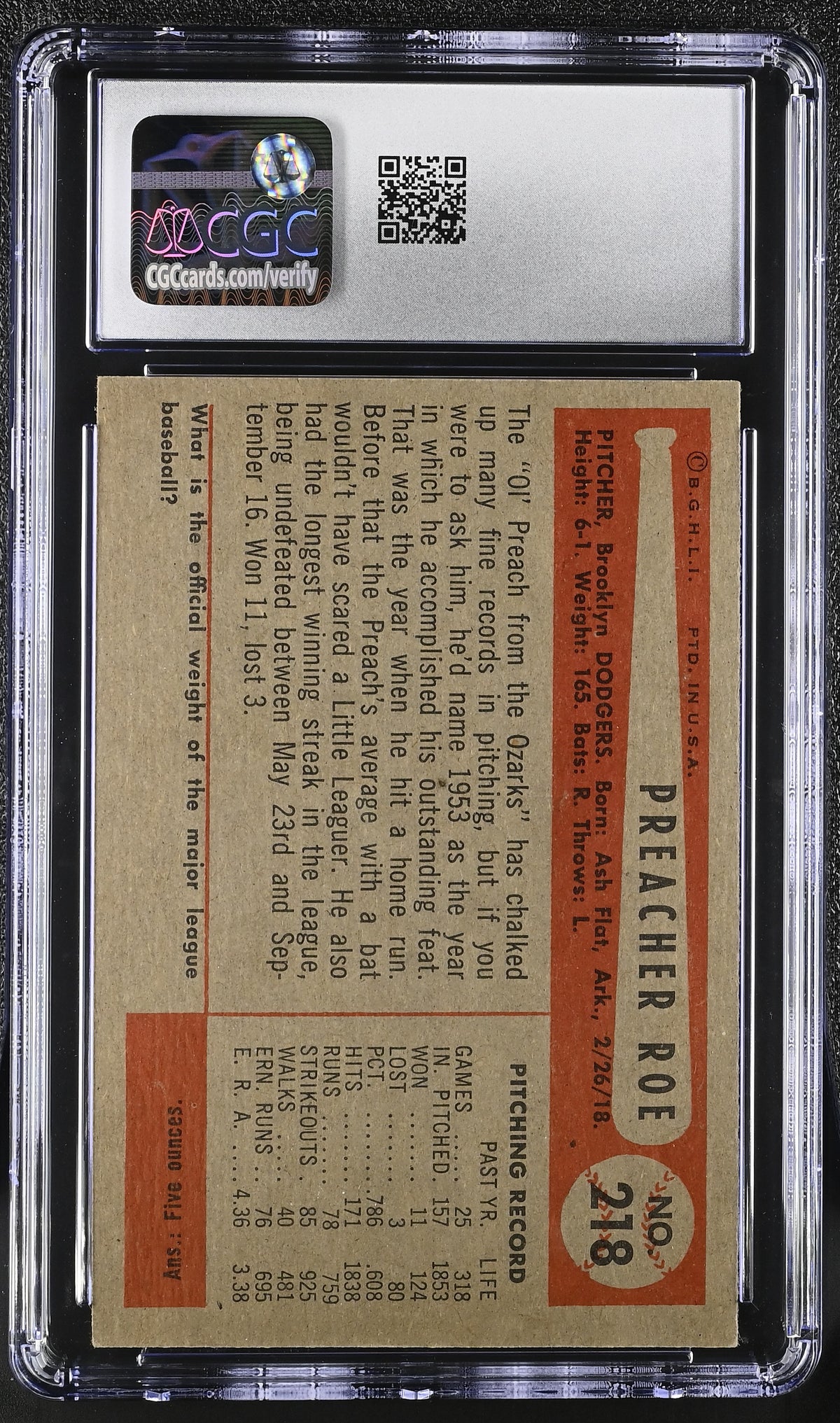 1954 Bowman Preacher Roe #218 CGC 6 Brooklyn Dodgers