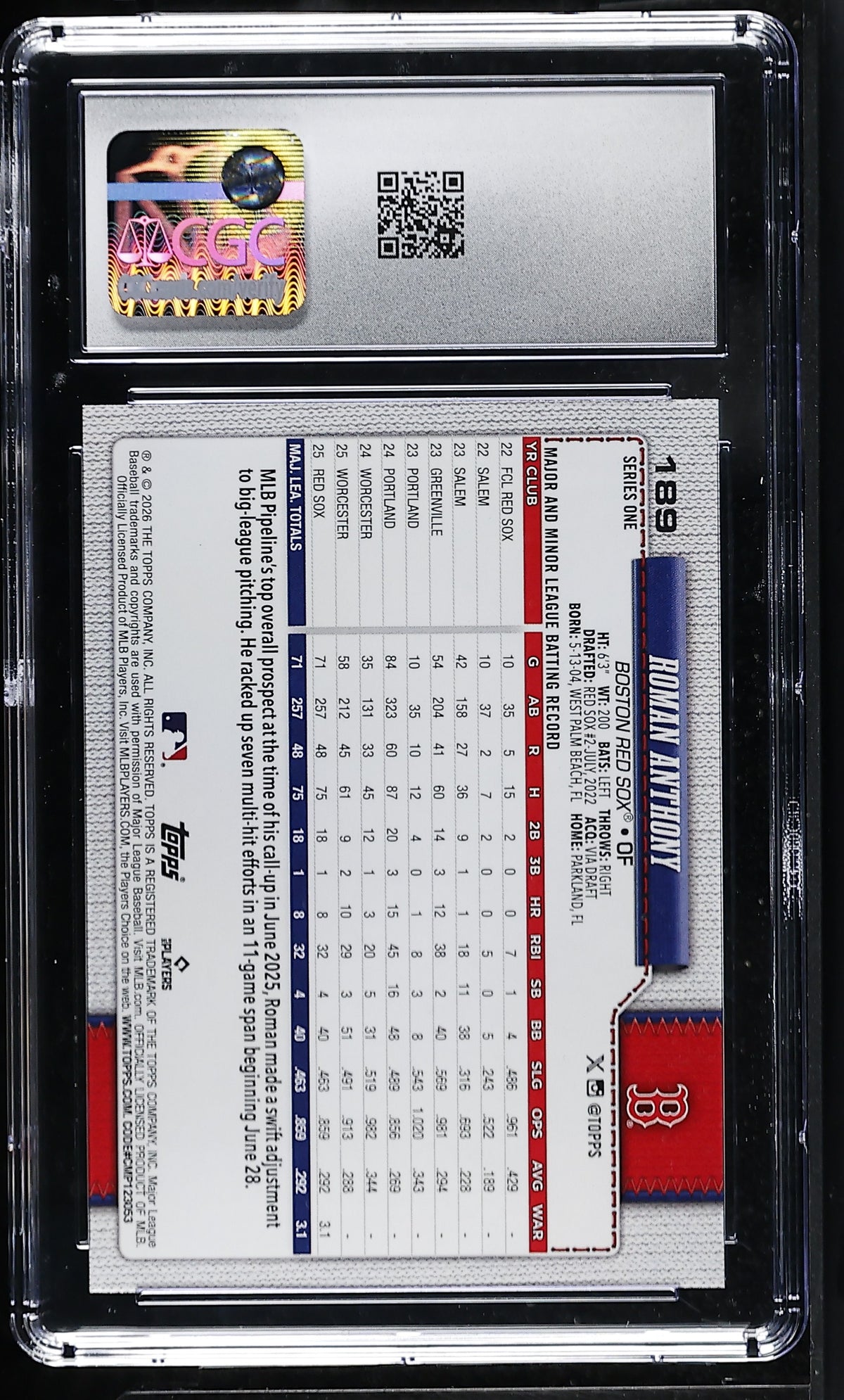 2026 Topps Roman Anthony Rookie #189 CGC 10 Boston Red Sox