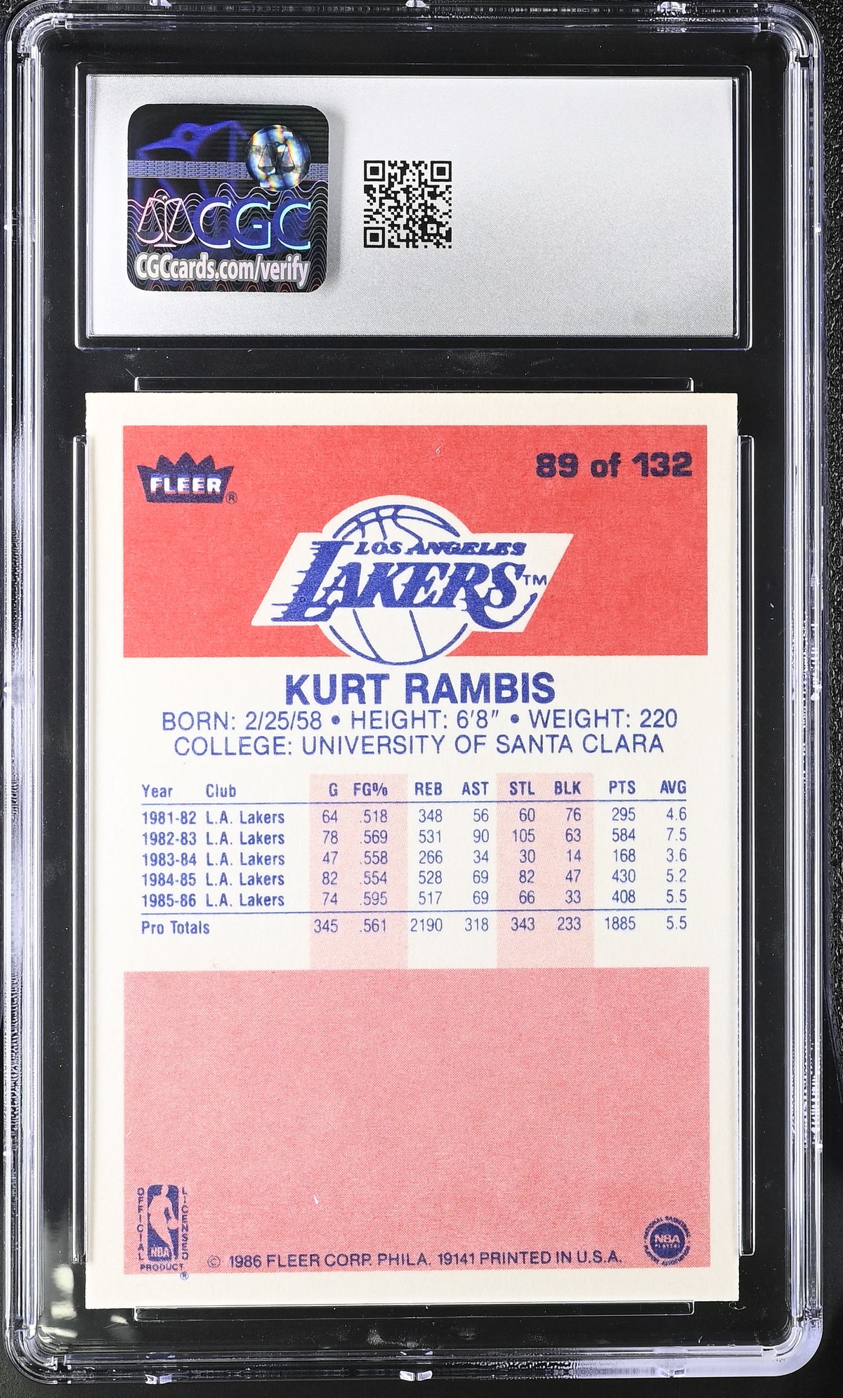 1986-87 Fleer Kurt Rambis #89 CGC 9 Los Angeles Lakers