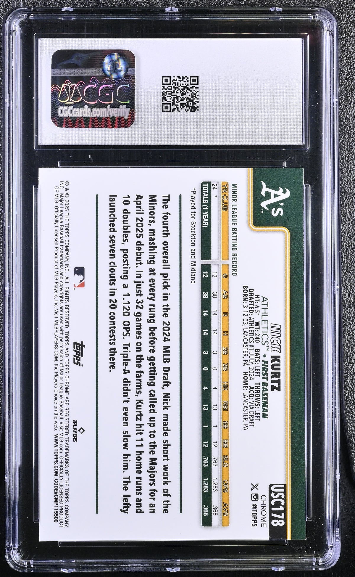 2025 Topps Chrome Update Nick Kurtz Rookie #USC178 CGC 10 Oakland Athletics