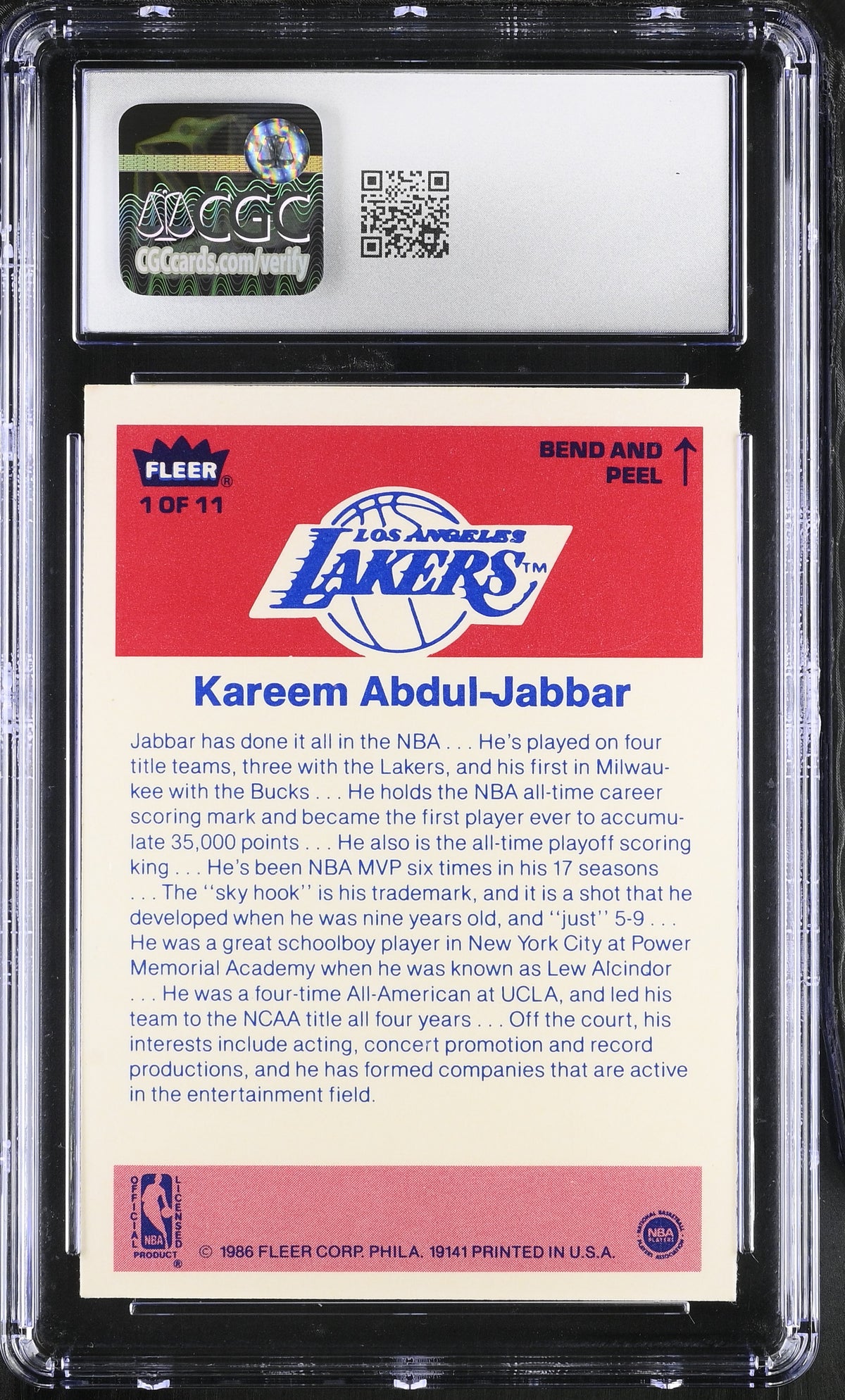1986-87 Fleer Stickers Kareem Abdul-Jabbar #1 CGC 7 Los Angeles Lakers