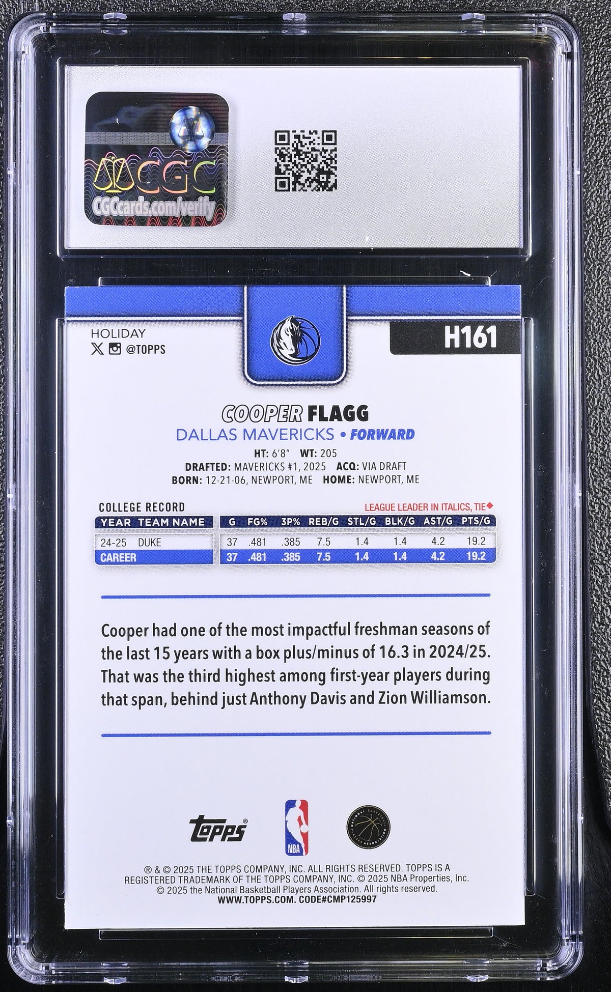 2025-26 Topps Holiday Cooper Flagg Rookie #H161 CGC 10 Dallas Mavericks
