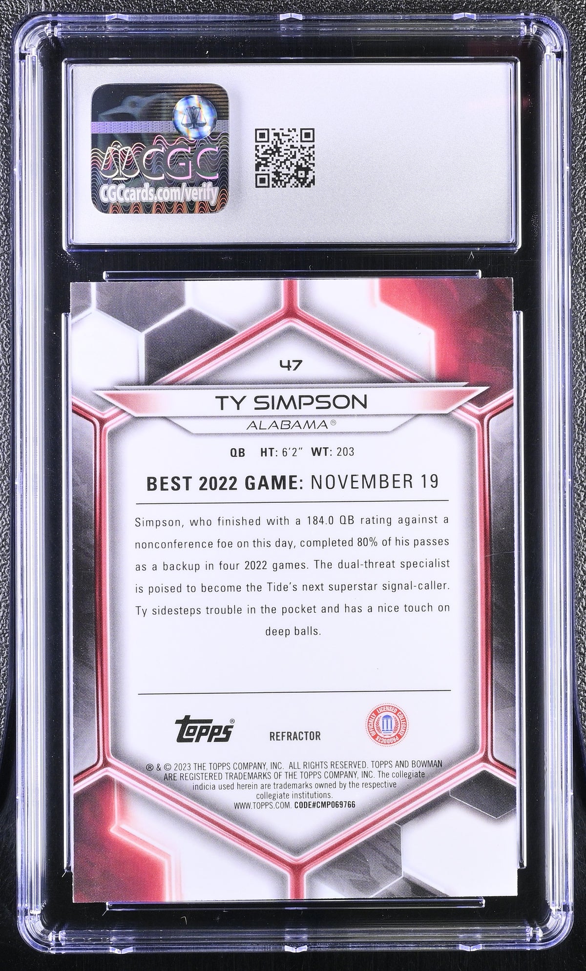 2023 Bowman University Best Ty Simpson Refractor Rookie #47 CGC 10 Alabama