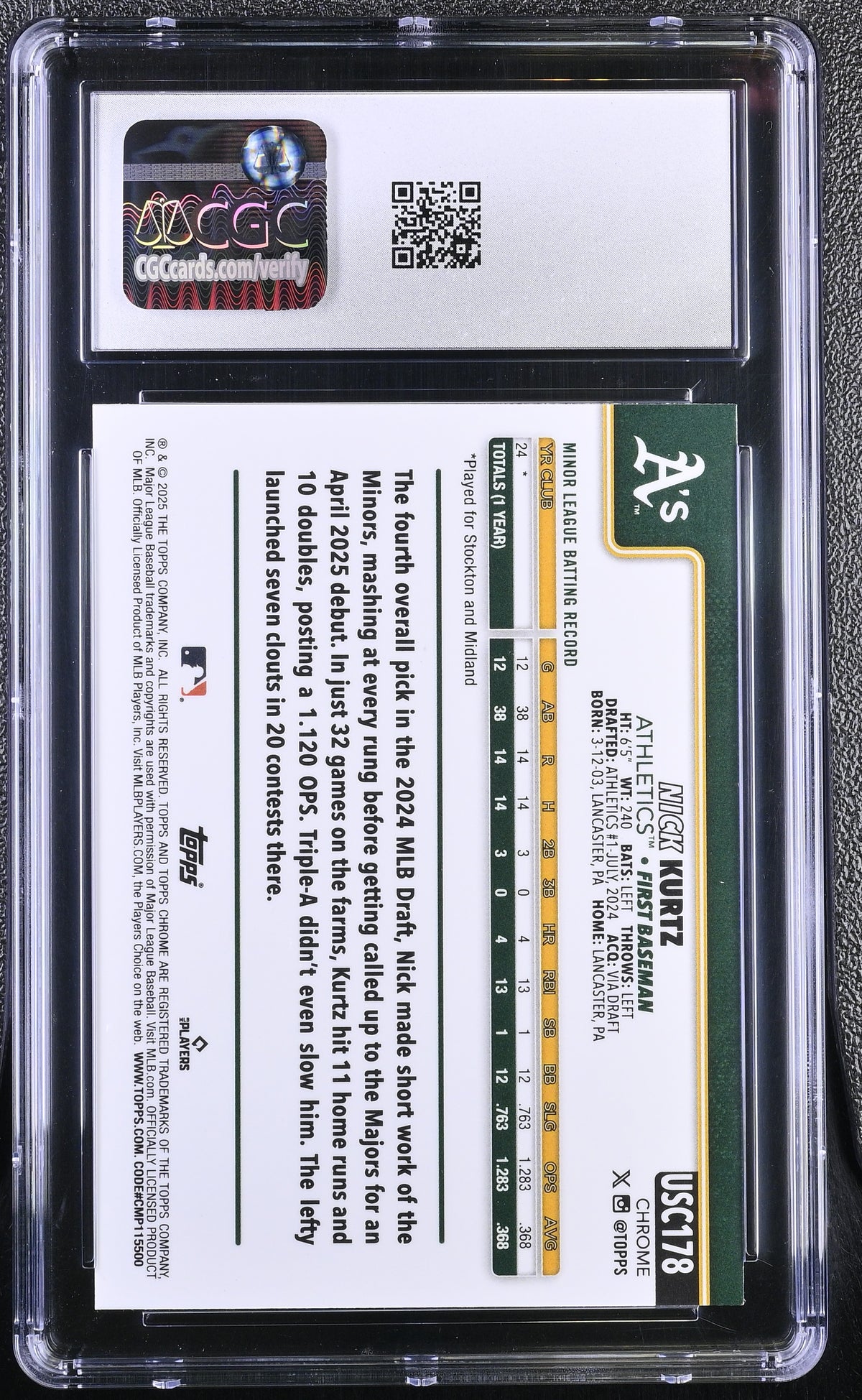 2025 Topps Chrome Update Nick Kurtz Sepia Refractor Rookie #USC178 CGC 10