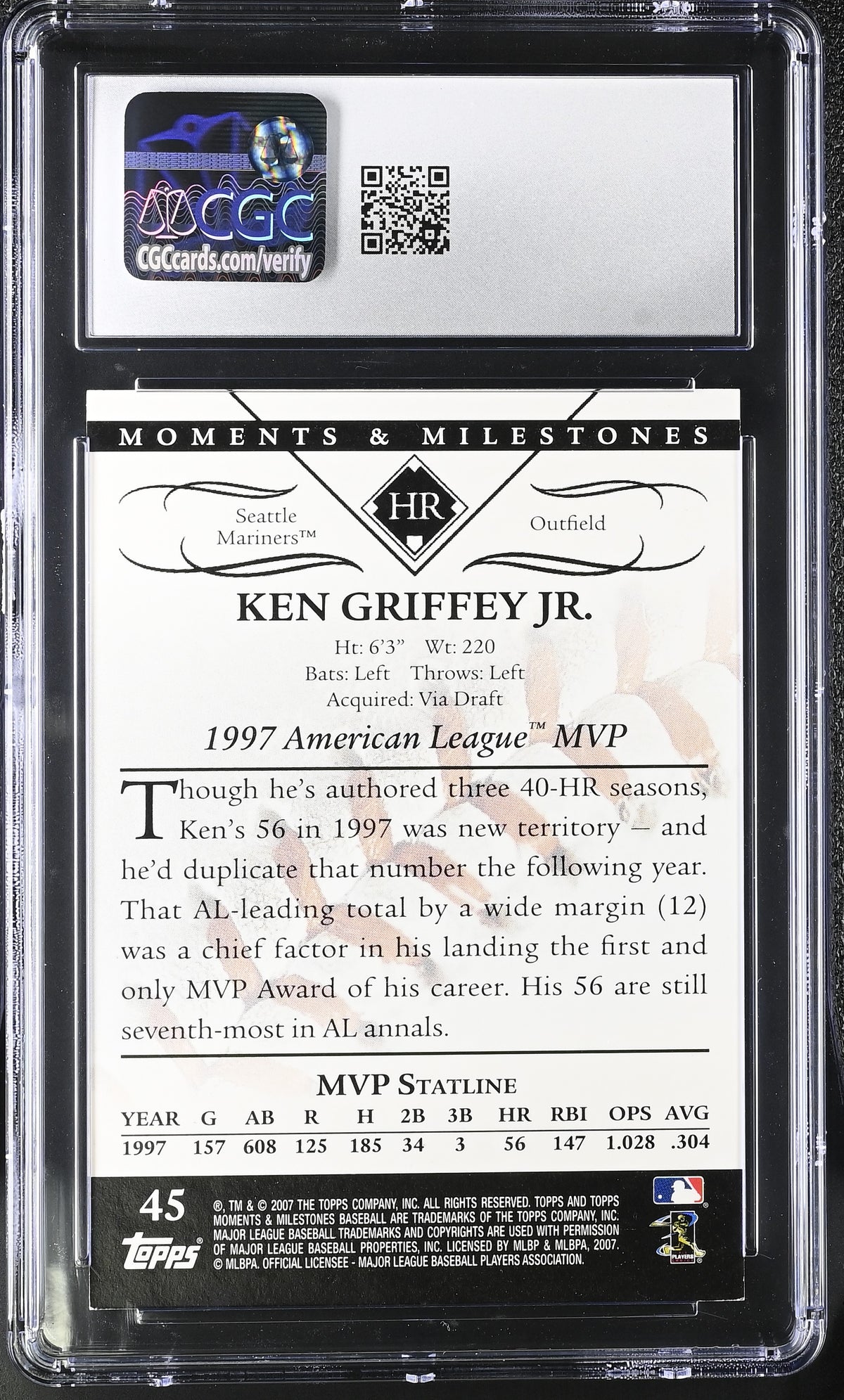 2007 Topps Moments Milestones Ken Griffey Jr 37 Home Runs /150 45 CGC 9 Mariners