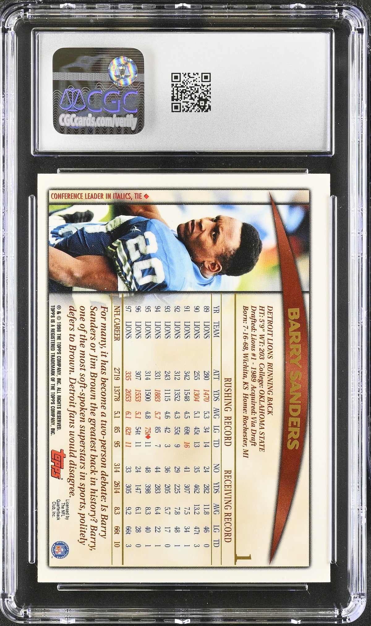 1998 Topps Barry Sanders #1 CGC 9 Detroit Lions