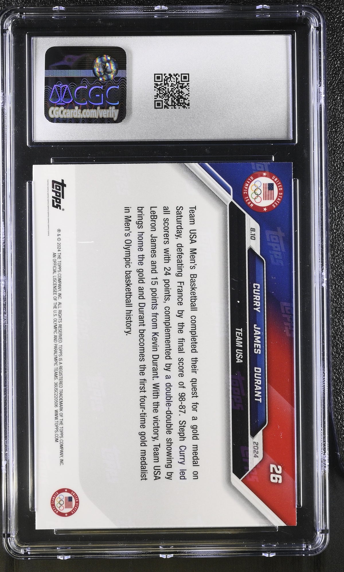 2024 Topps Now Olympic Games Kevin Durant LeBron James Stephen Curry #26 CGC 10