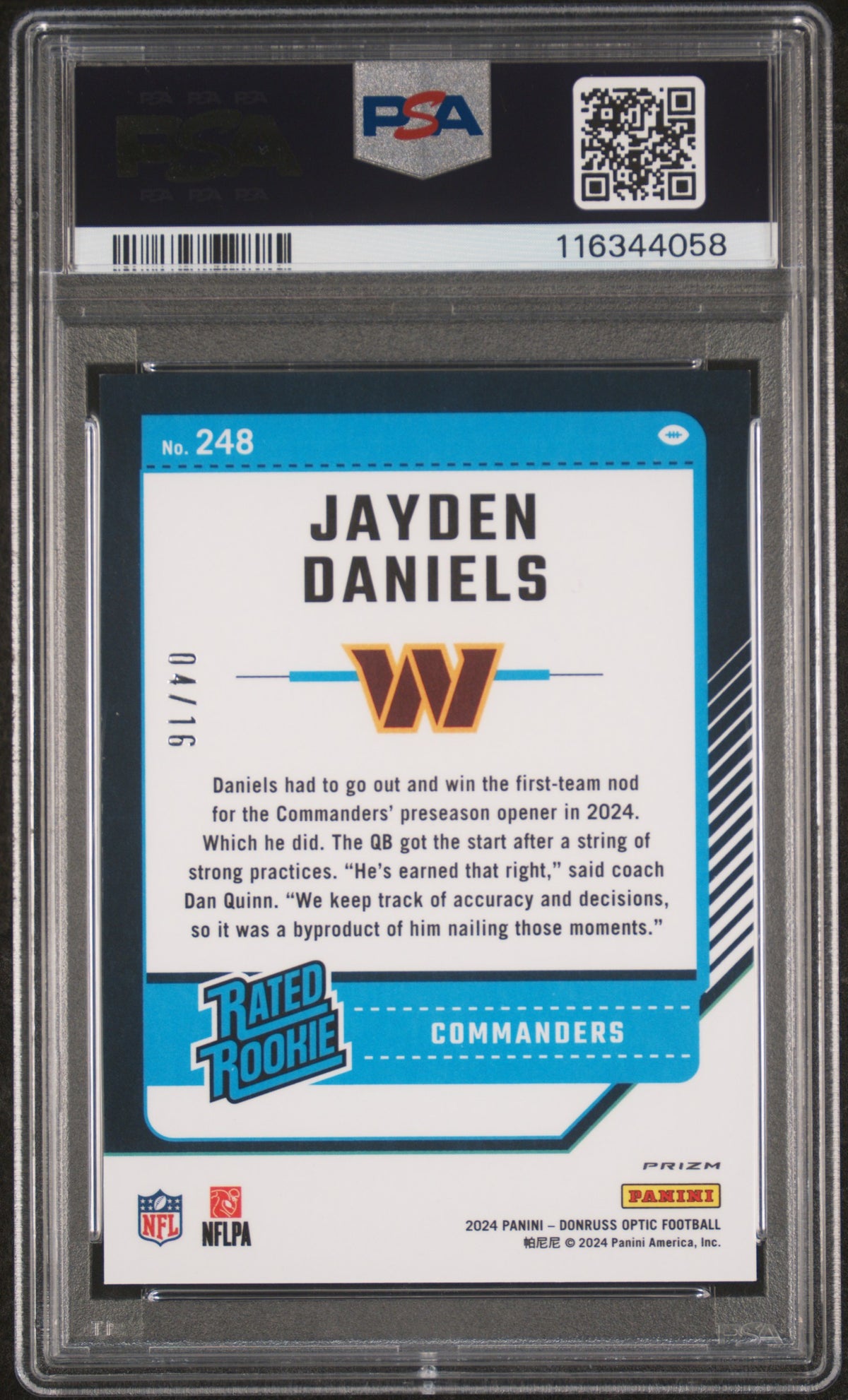 2024 Panini Donruss Optic Jayden Daniels Footballs /16 Rookie PSA 9 Commanders