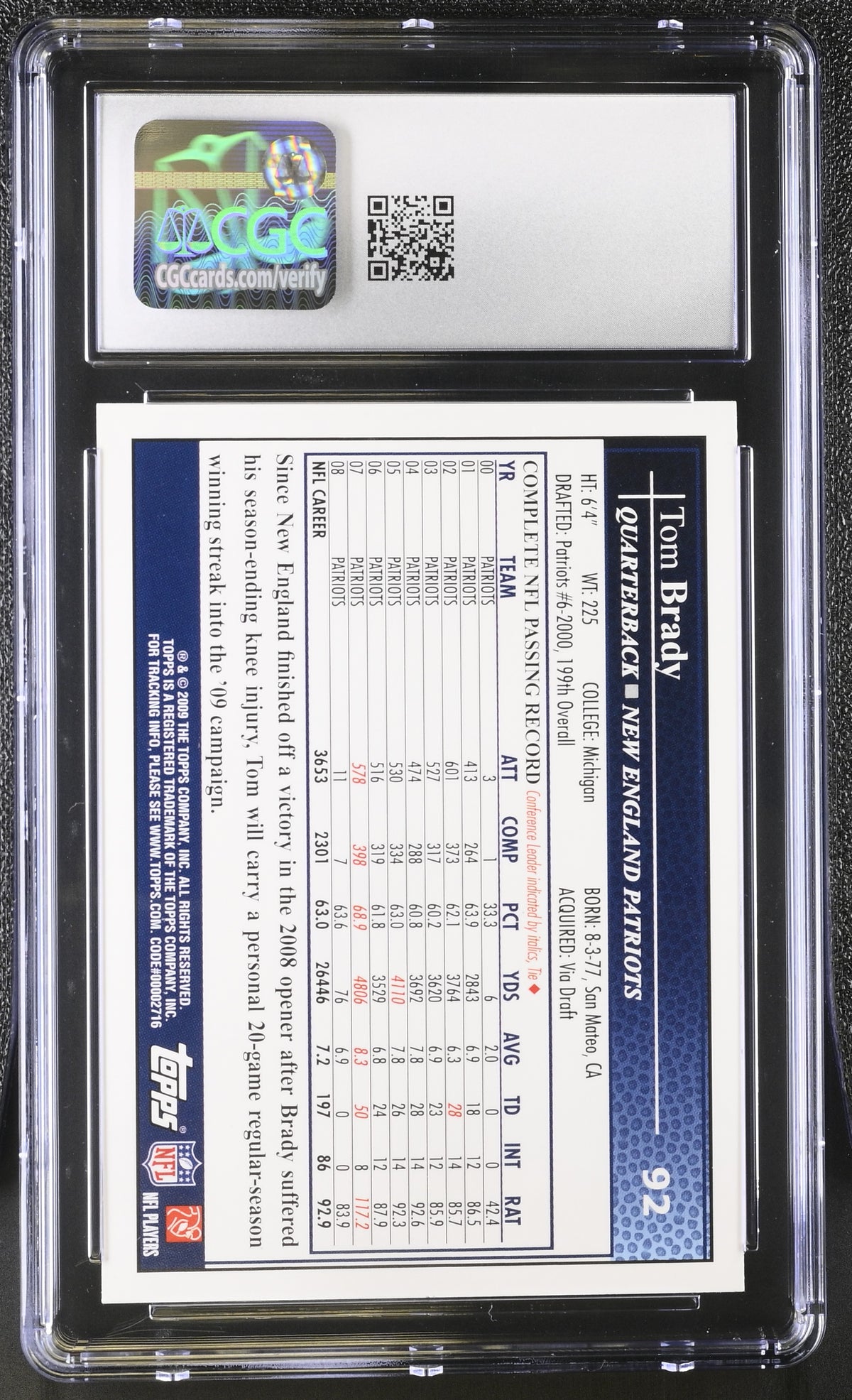 2009 Topps Kickoff Tom Brady #92 CGC 9 New England Patriots