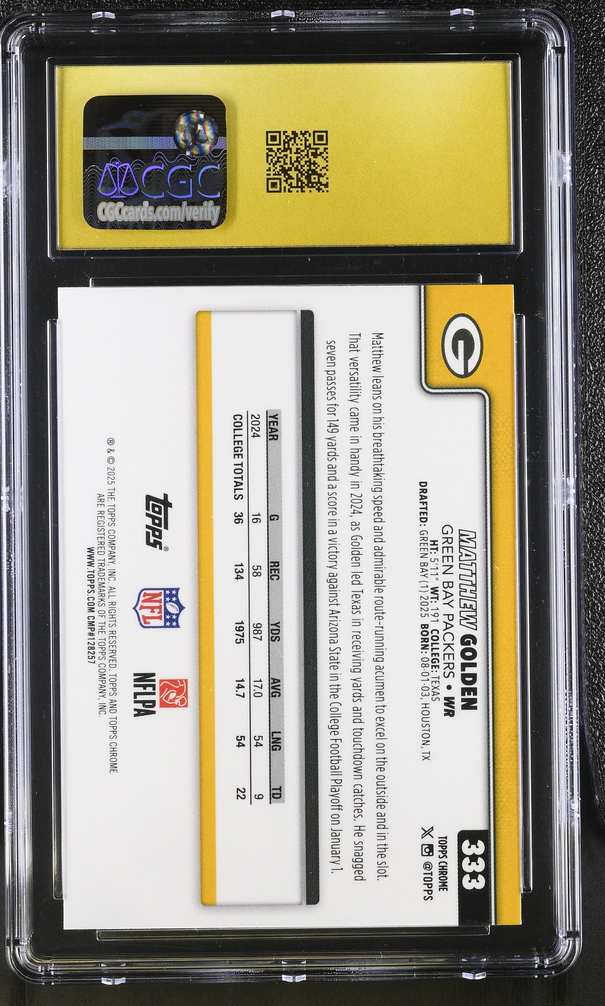 2025 Topps Chrome Matthew Golden Hot Pink X-Fractor Rookie #333 CGC 10 Pristine