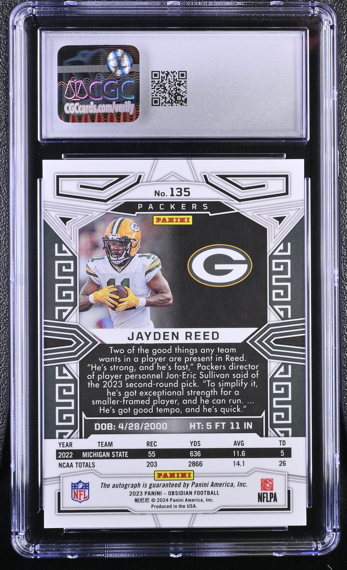 2023 Panini Obsidian Jayden Reed Rookie Signatures #135 CGC 9 Green Bay Packers