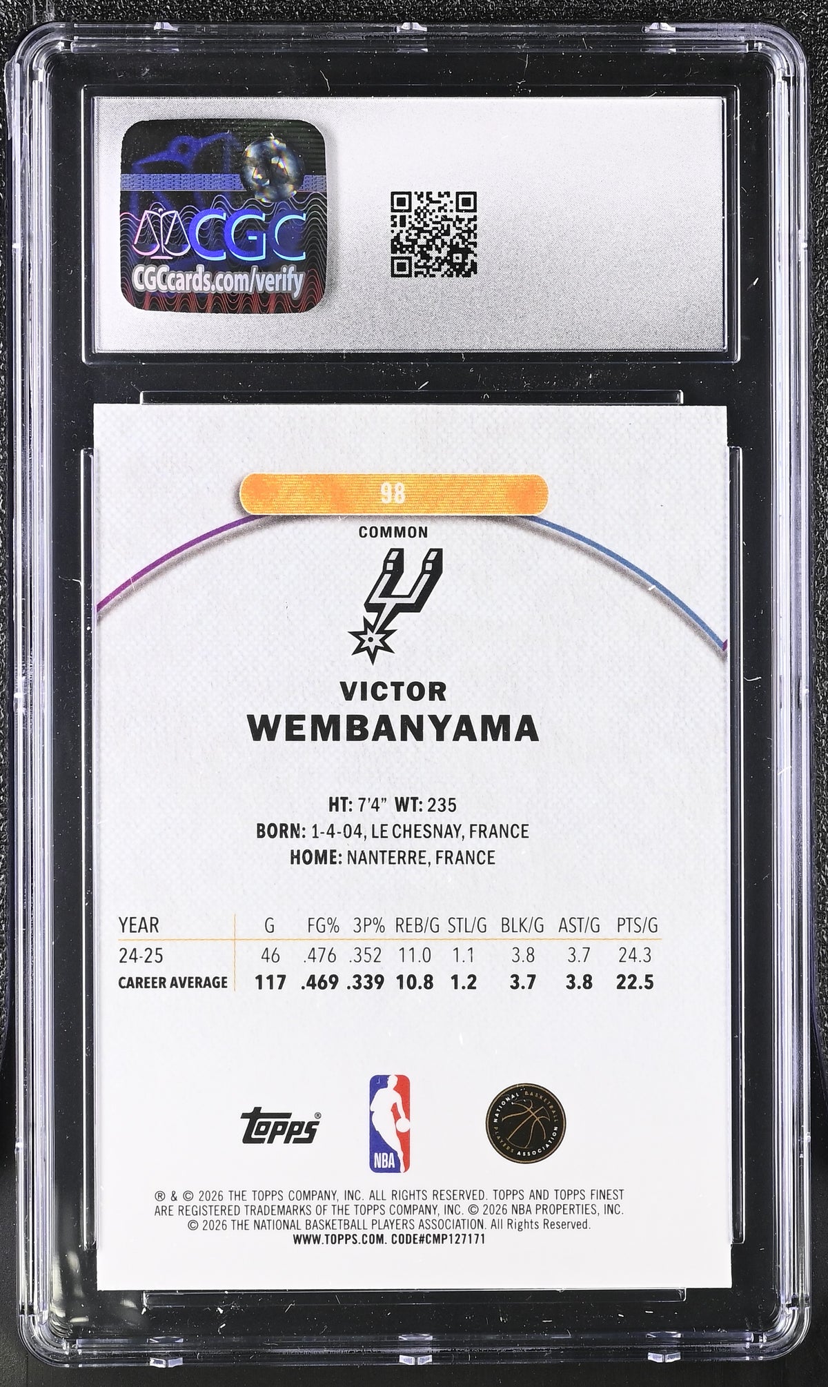 2025-26 Topps Finest Victor Wembanyama X-Fractor #98 CGC 9 San Antonio Spurs
