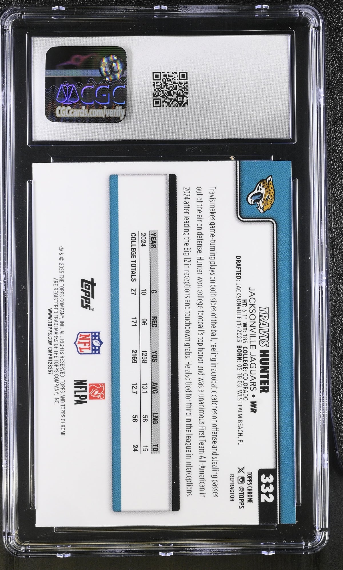 2025 Topps Chrome Travis Hunter Refractor Rookie #332 CGC 10 Jaguars