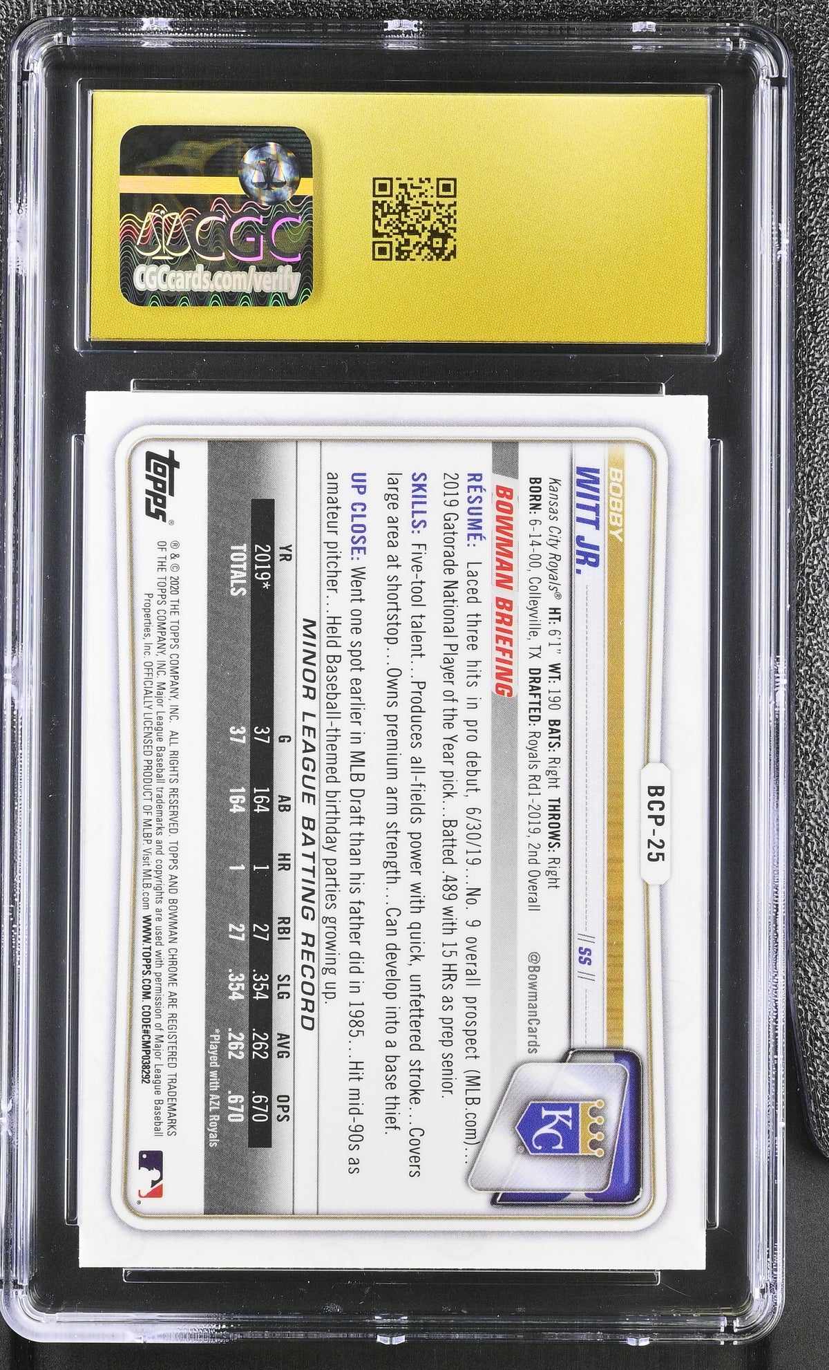 2020 Bowman Bobby Witt Jr. Rookie Chrome Prospects BCP-25 CGC 10 Pristine Royals