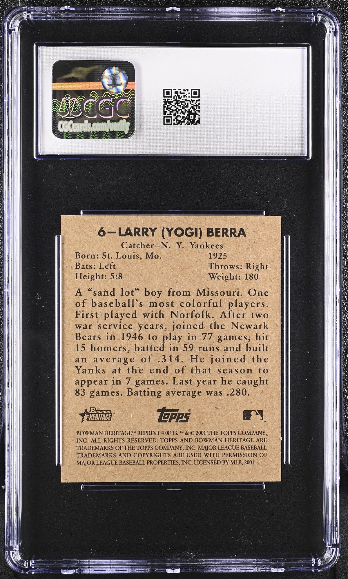 2001 Bowman Heritage Yogi Berra '48 Reprints #4 CGC 10 New York Yankees