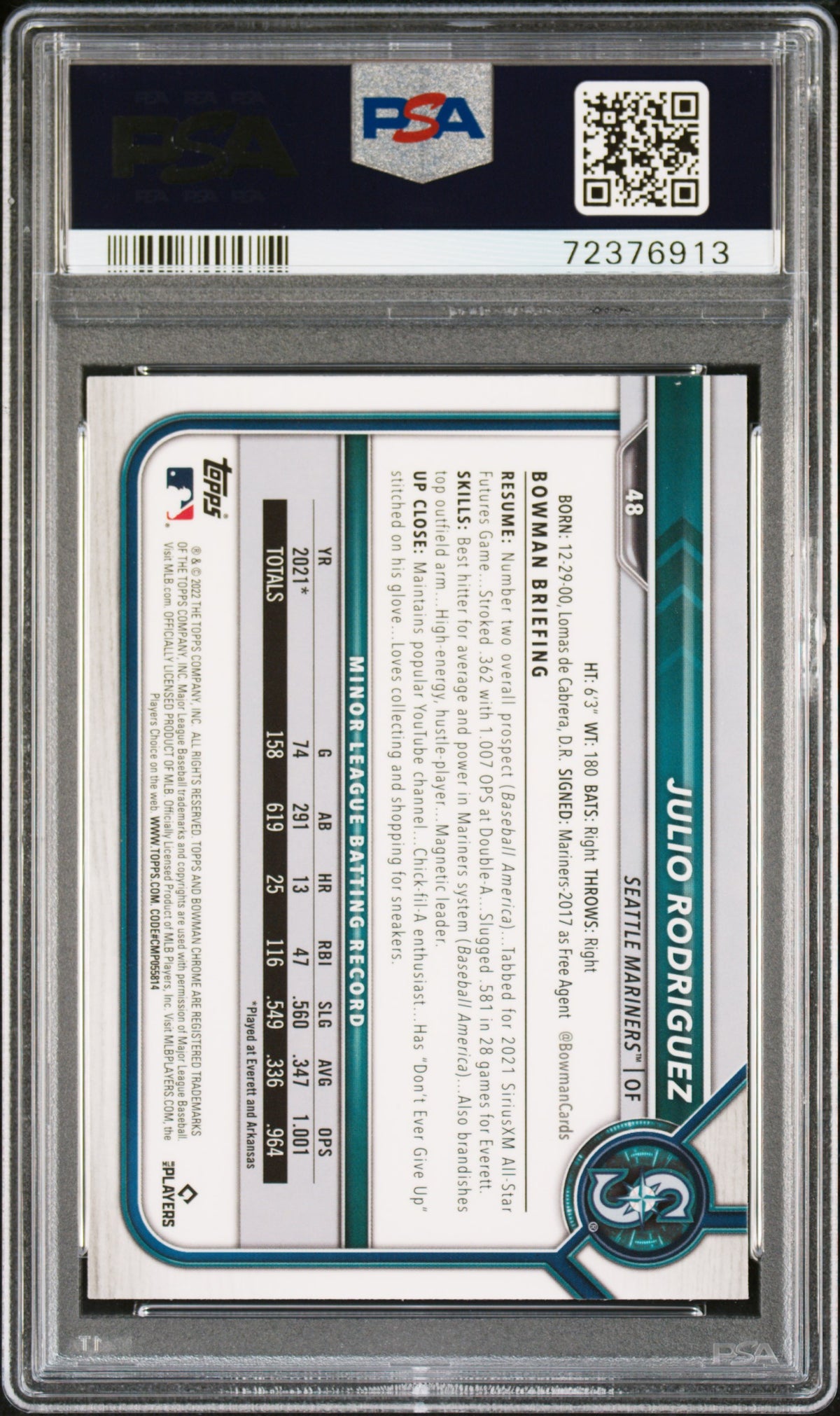 2022 Bowman Chrome Julio Rodriguez Rookie #48 PSA 10 Seattle Mariners