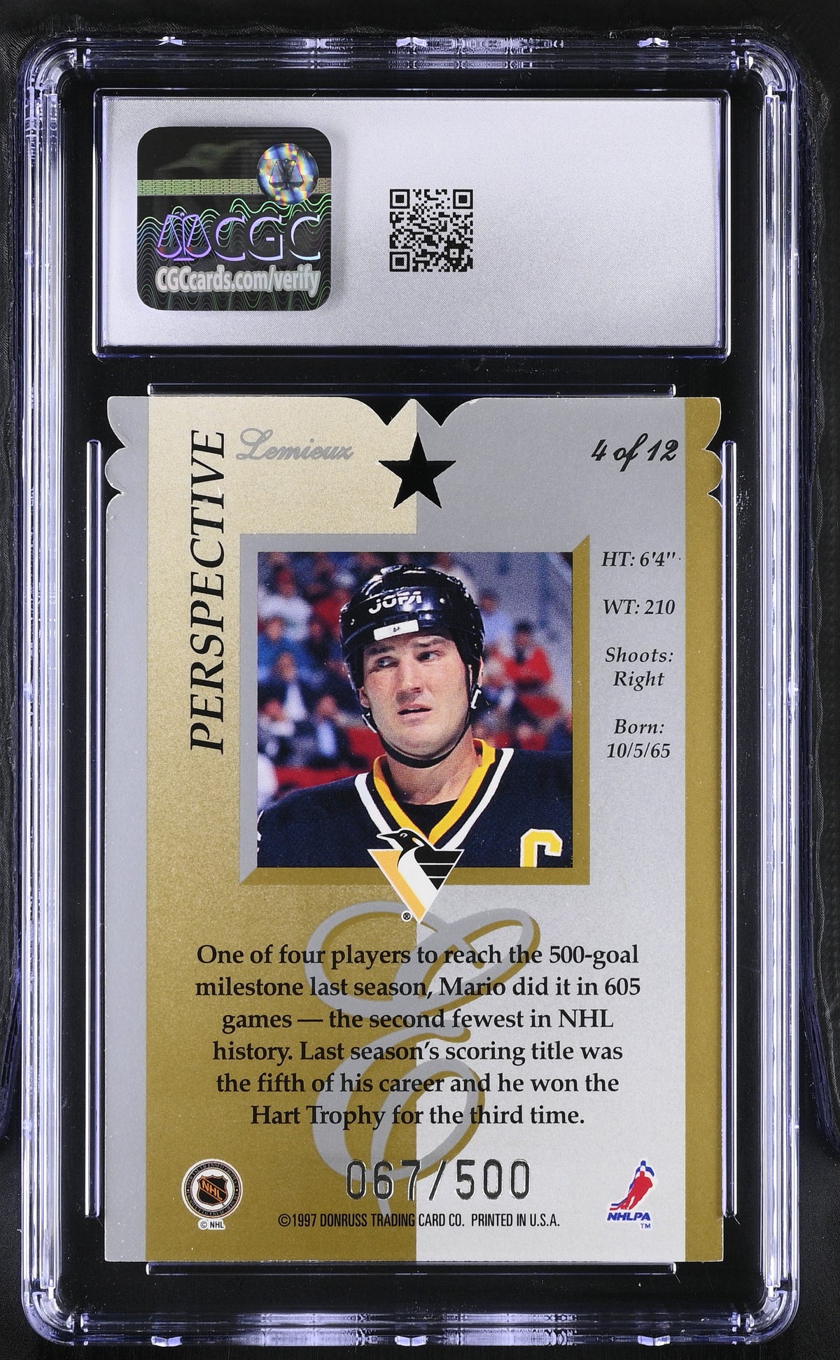 1996-97 Donruss Elite Mario Lemieux /500 Perspective #4 CGC 9 Penguins